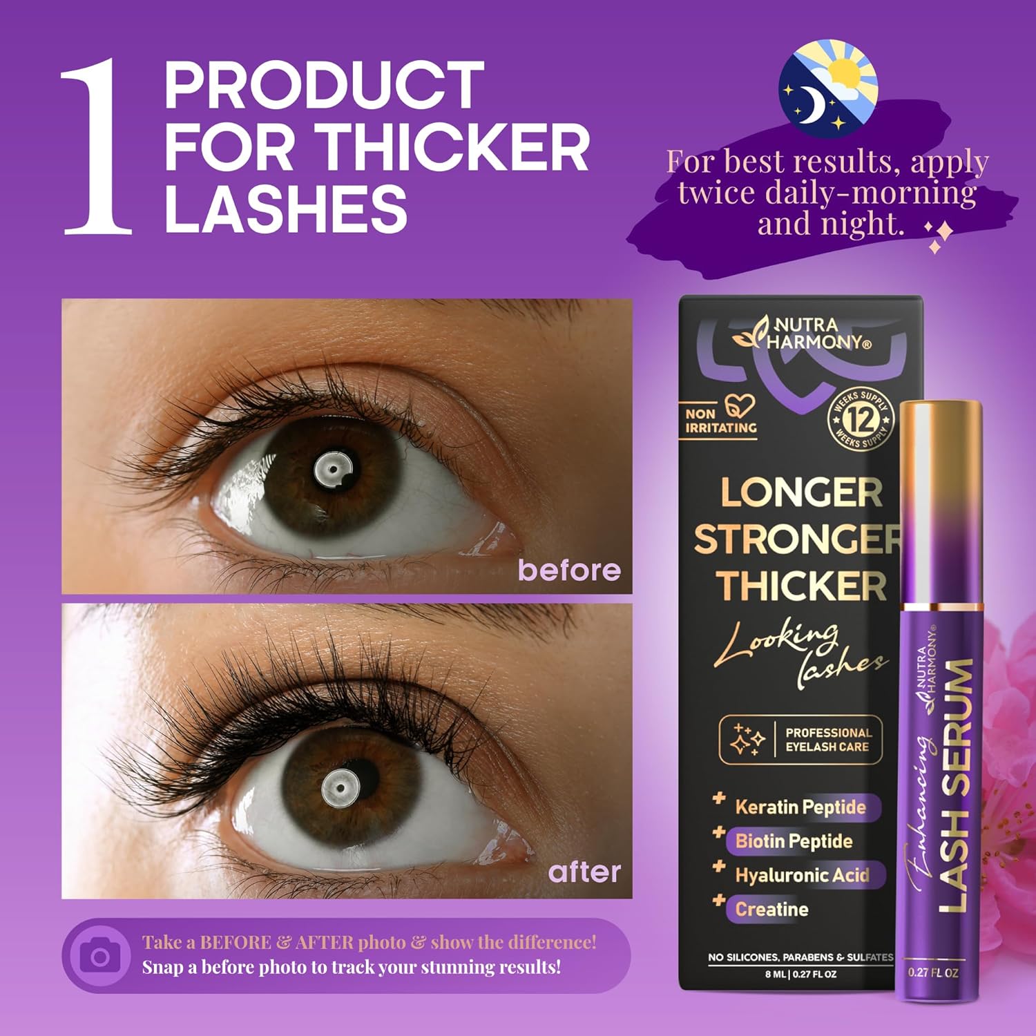 Enhancing Lash Serum for Eyelash Growth with Keratin and Biotin Peptides, Hyaluronic Acid, Creatine for Longer, Fuller, Thicker Lashes, Strength & Nourishment Treatment, Non-Irritating, Vegan, 8ml - Image 5