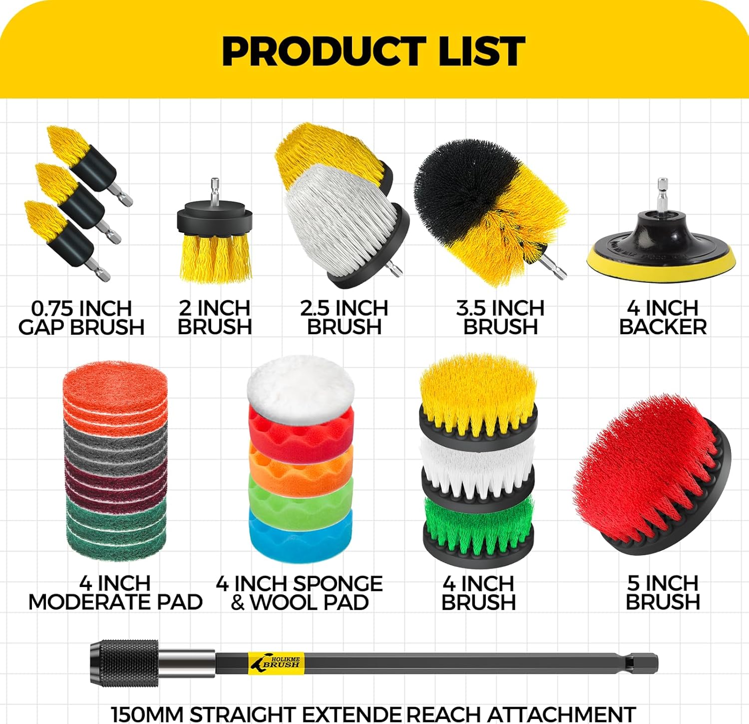 Holikme 30Pack Drill Brush Attachments Set,Scrub Pads & Sponge, Power Scrubber Brush with Extend Long Attachment All Purpose Clean for Grout, Tiles, Sinks, Car Polishing Pads - Image 7