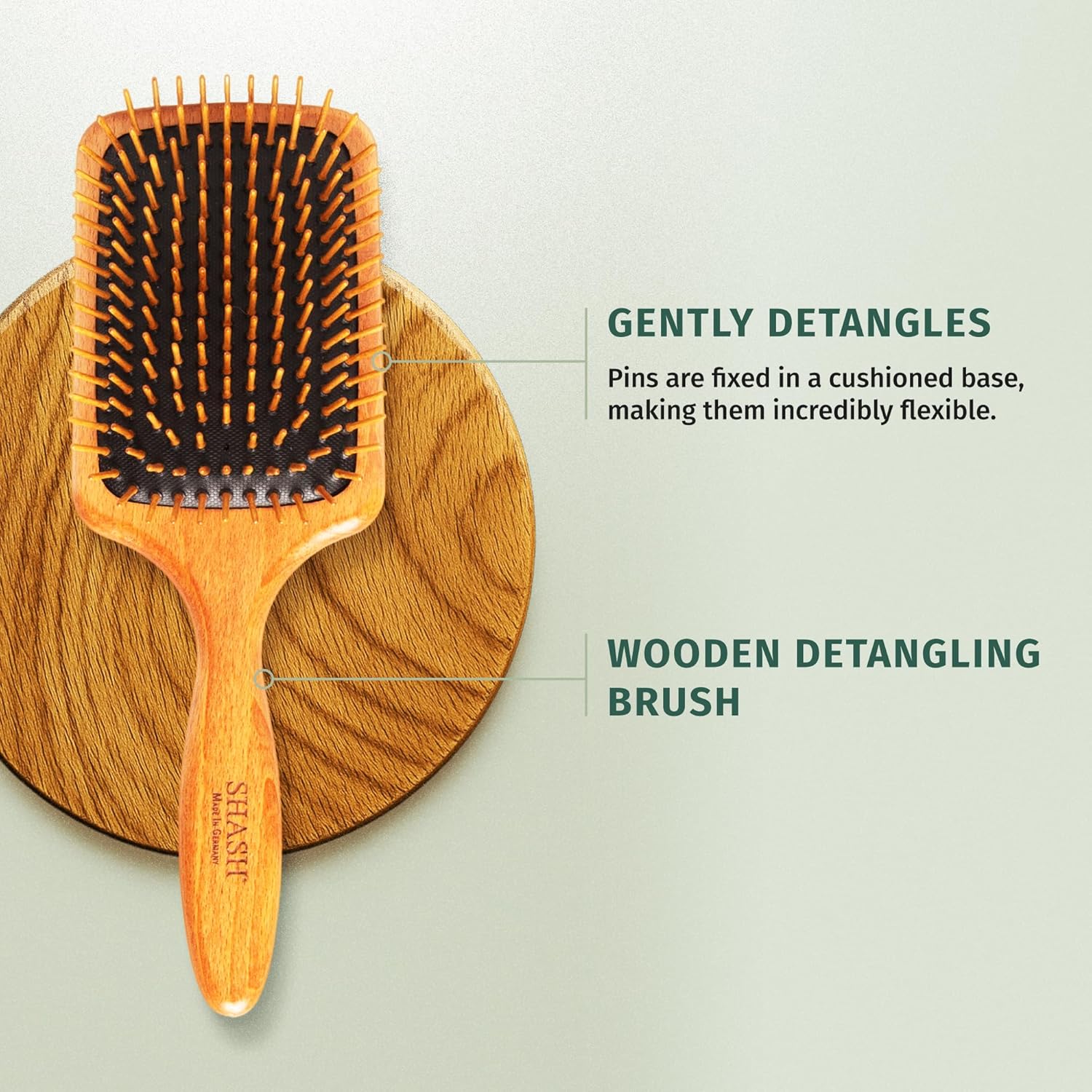 SHASH Since 1869 Made in Germany Wooden Paddle Brush - Gently Detangles, Styles, Conditions Hair with Minimal Frizz and Breakage - Safe for All Hair Types, Wet or Dry - Eco-Sourced Wood - Image 6