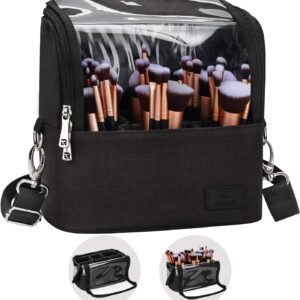 Makeup Brush Case Stand-up Makeup Cup Travel Professional Cosmetic Bag Artist Storage Bag Large Makeup Brush Bag with Adjustable Divider (Large, Black)