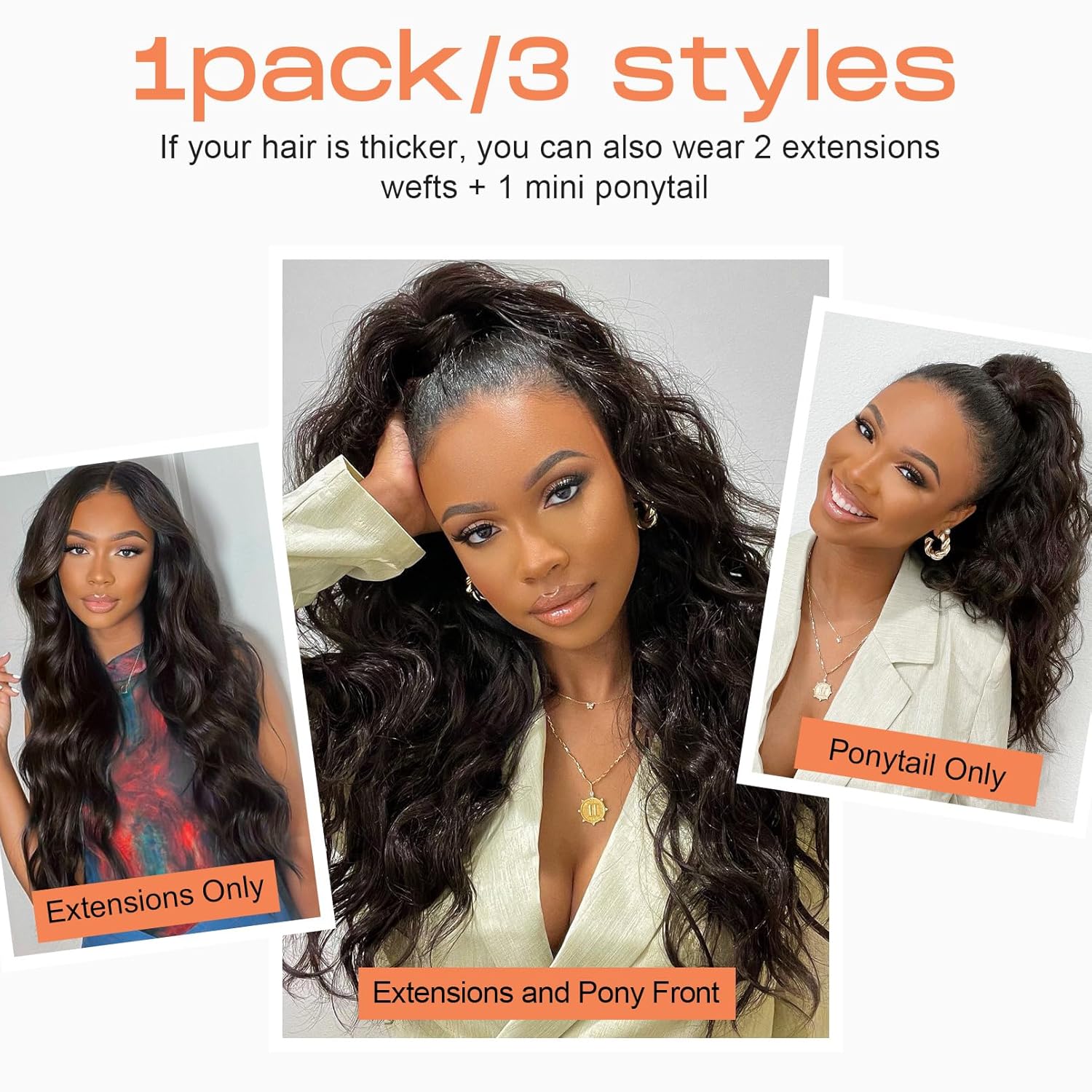 SEIKEA 4PCS 16 Inch Black Wavy Clip-in Half Up Half Down Ponytail Extension Set - Image 3