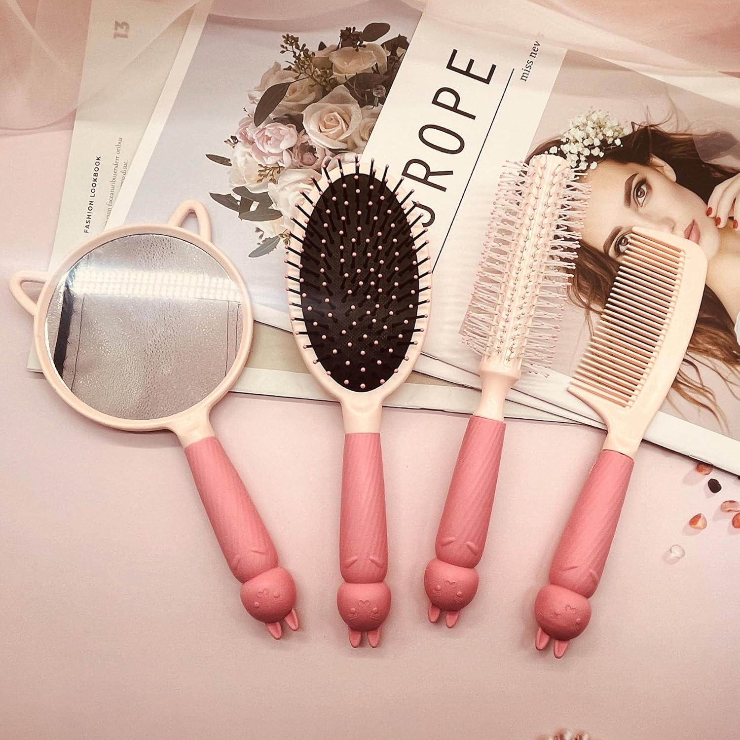 4 Pieces Hair Brush Hair Comb Set For Women Girls Gift Cute shaped Hair Comb Hair Brush Handheld Mirror Set Travel Detangling Comb Massage HairBrush with Air Cushion For Wet Dry Hair (Pink) - Image 9