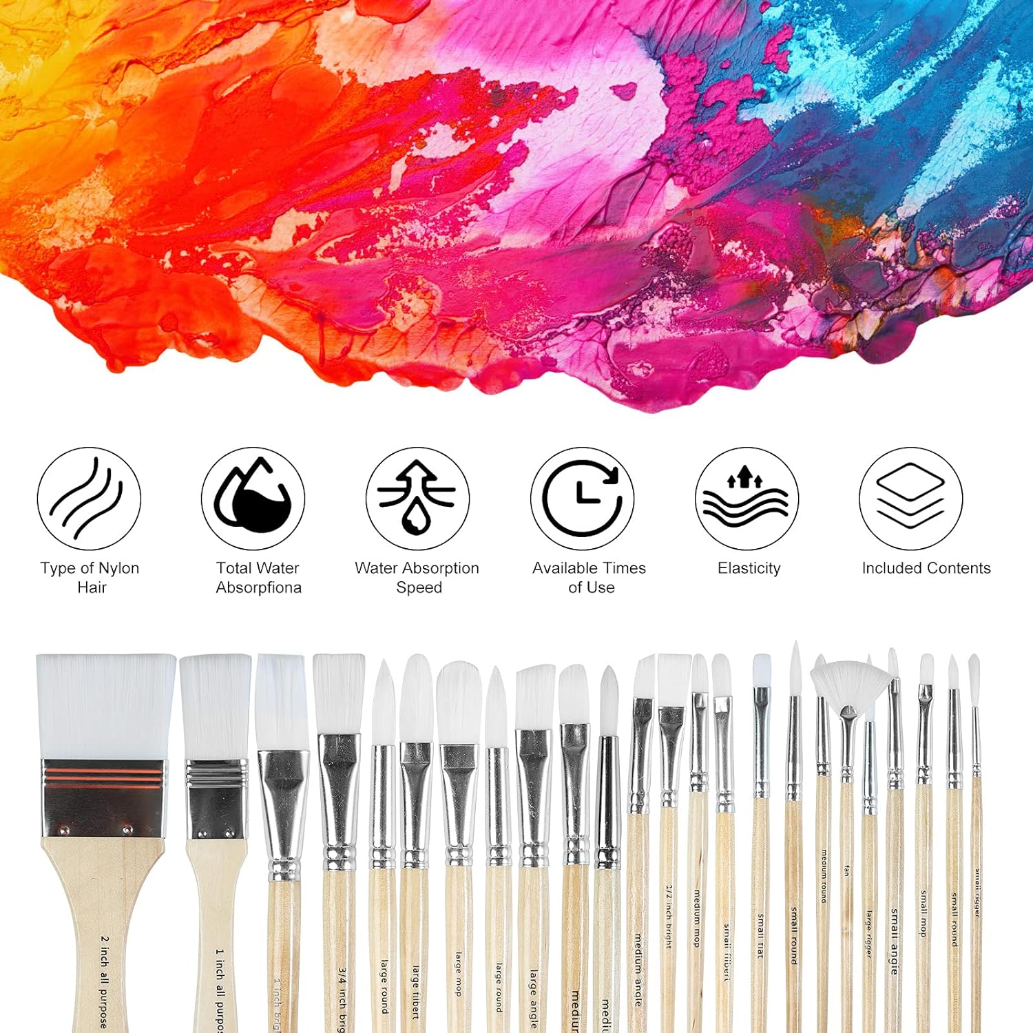 Paint Brushes Set of 24 Pieces Wooden Handles Brushes with Canvas Brush Case, Professional for Oil, Acrylic and Watercolor Painting - Image 3
