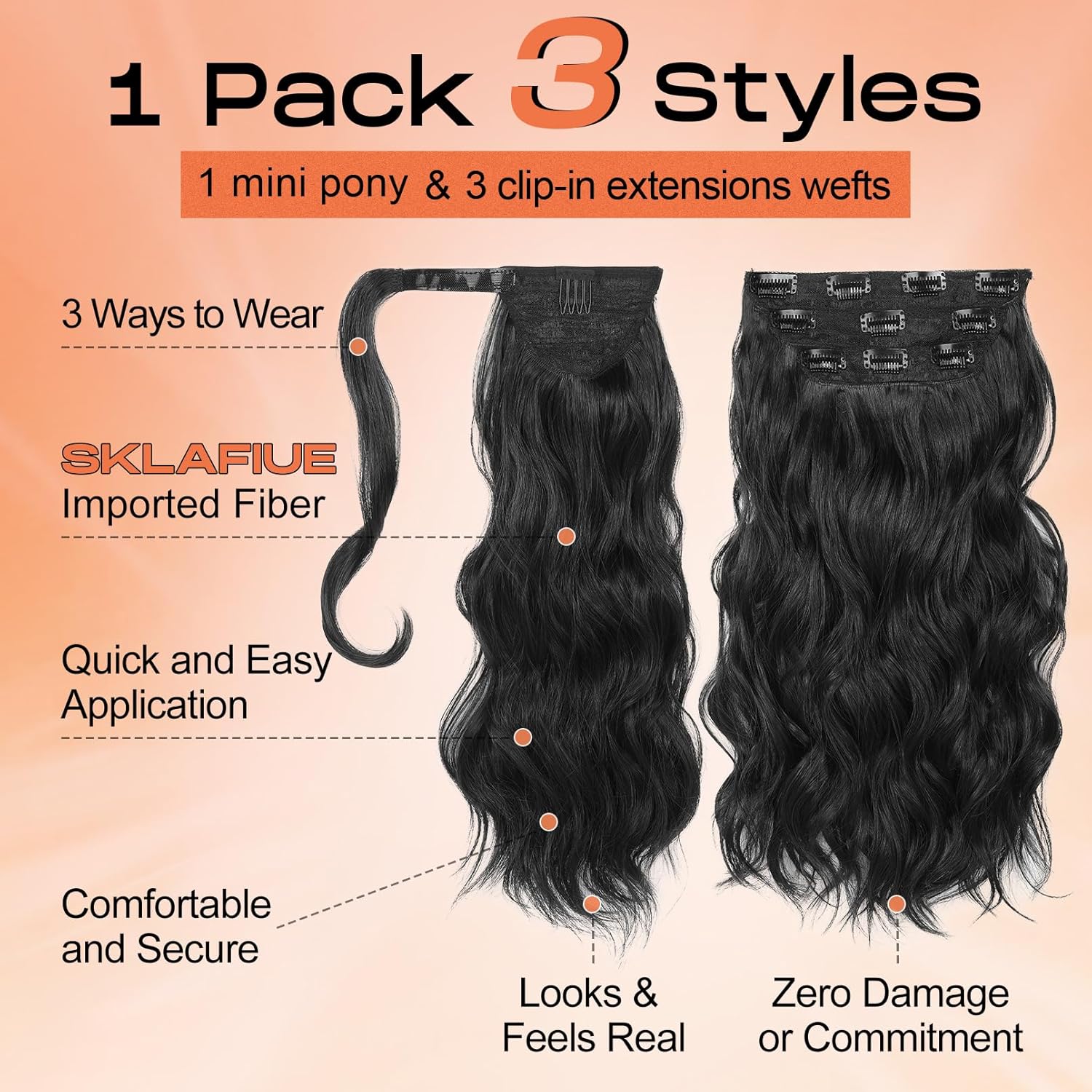 SEIKEA 4PCS 16 Inch Black Wavy Clip-in Half Up Half Down Ponytail Extension Set - Image 2