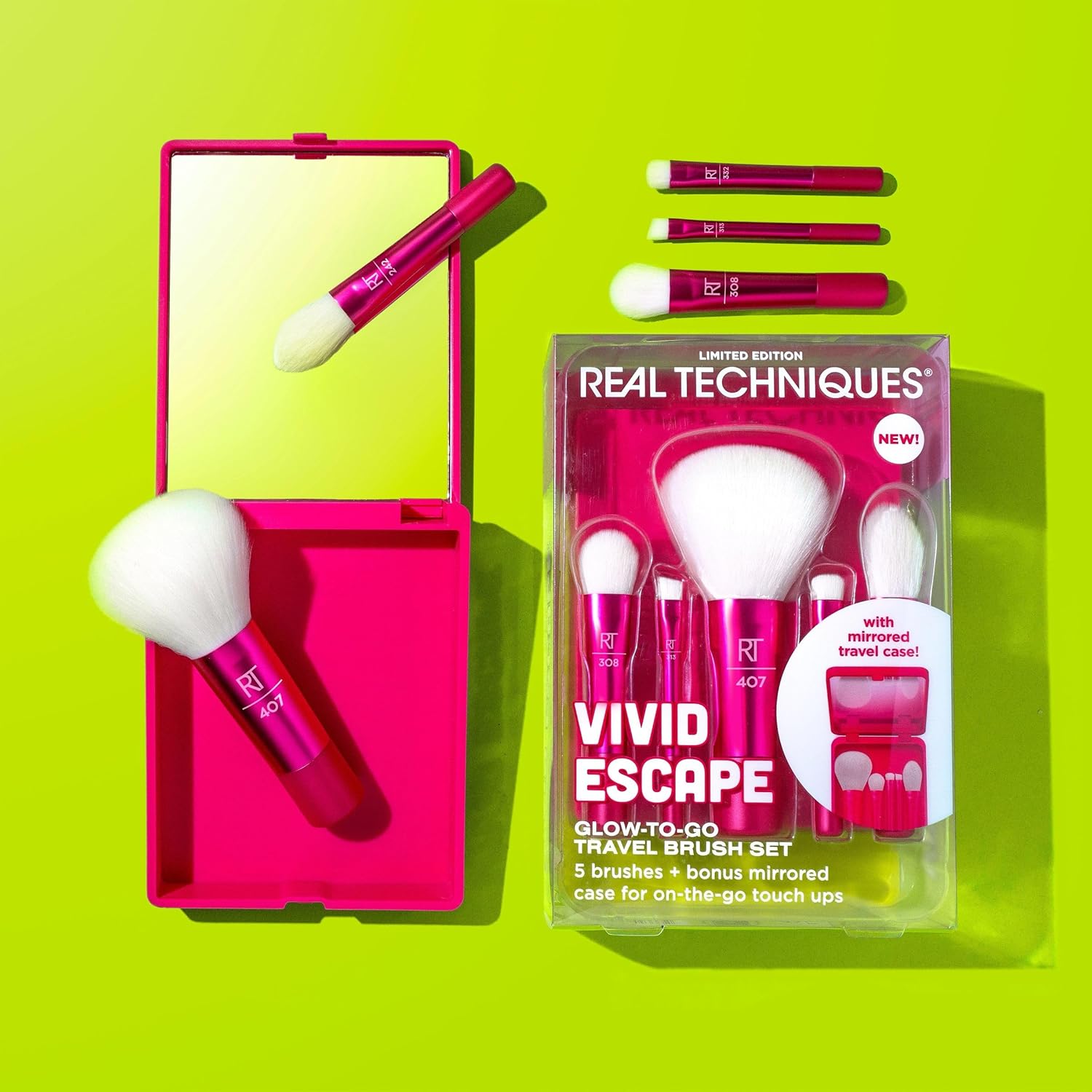 Real Techniques Vivid Escape Glow-To-Go Travel Makeup Brush 6 Piece Set, Mini Size Makeup Brushes For Eyeshadow, Concealer, Contour, & Blush, Includes Mirror Cosmetic Case, Cruelty-Free & Vegan - Image 5