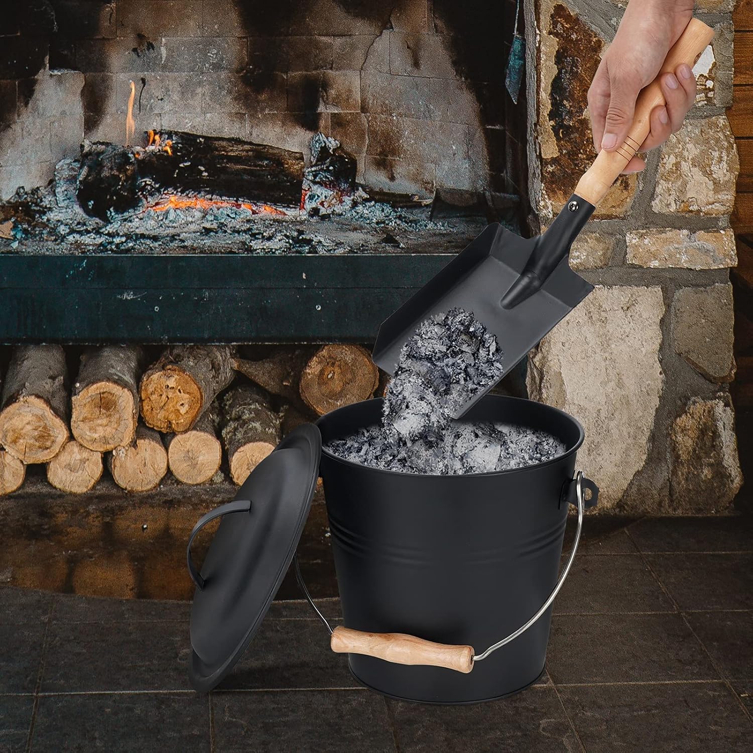 1.5 Gallon Metal Ash Bucket with Lid, Shovel, and Broom for Fireplaces - Image 5
