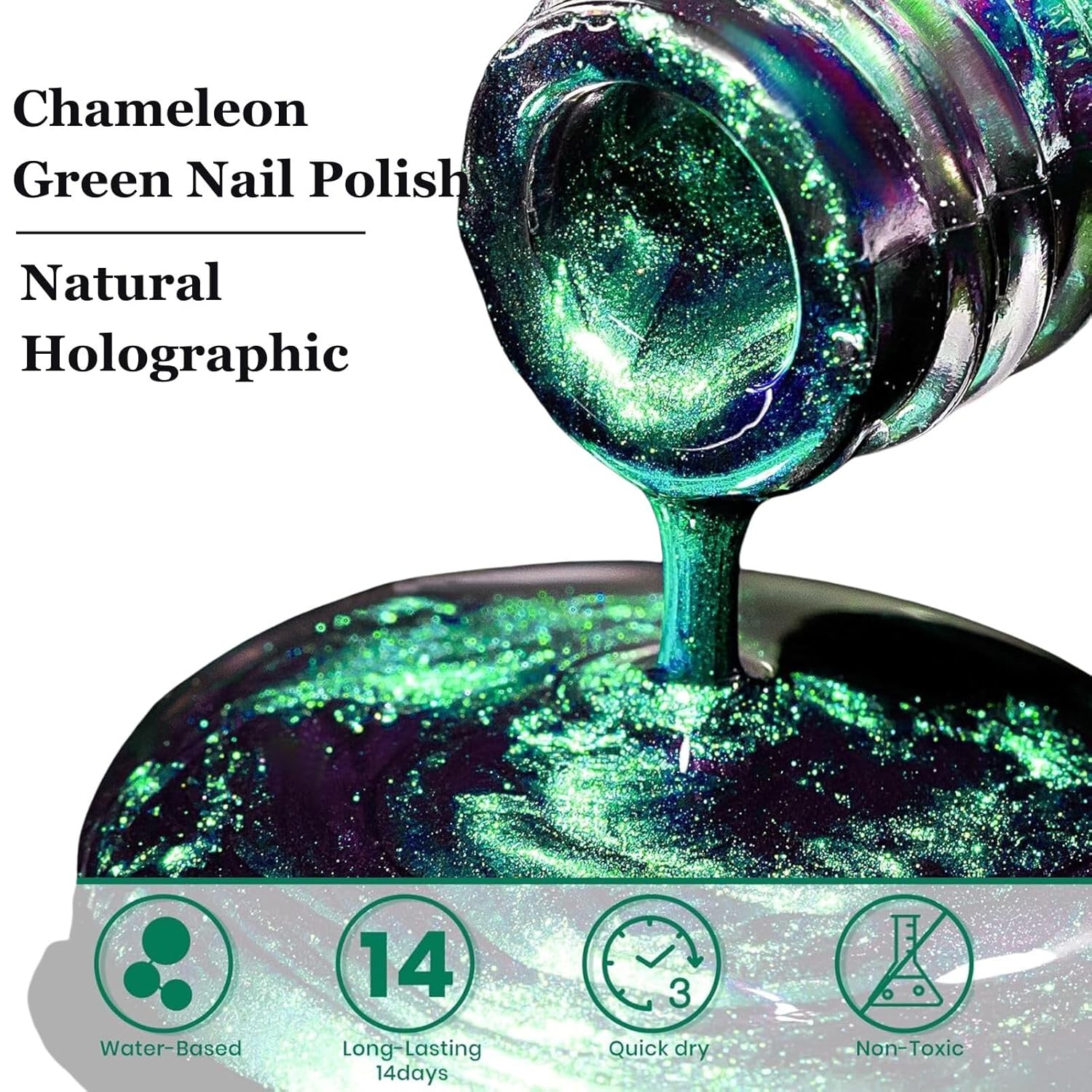 Holographic Nail Polish - Chrome Metallic Green - Long Lasting Chameleon Shimmer Iridescent Quick Dry - Image 2