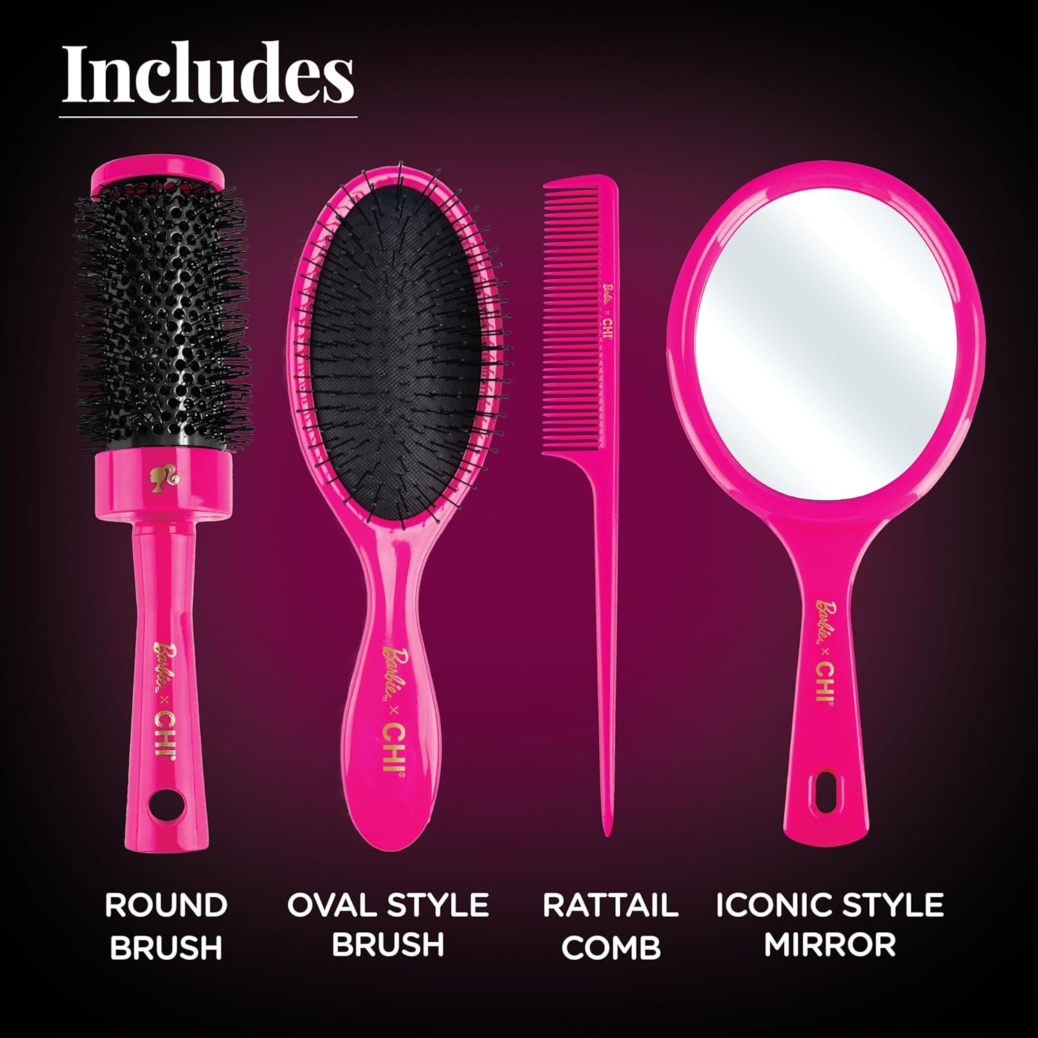 CHI X Barbie 65th Anniversary 4-Piece Styling Kit, Includes Rattail Comb, Paddle Brush, Round Brush & Mirror - Image 2