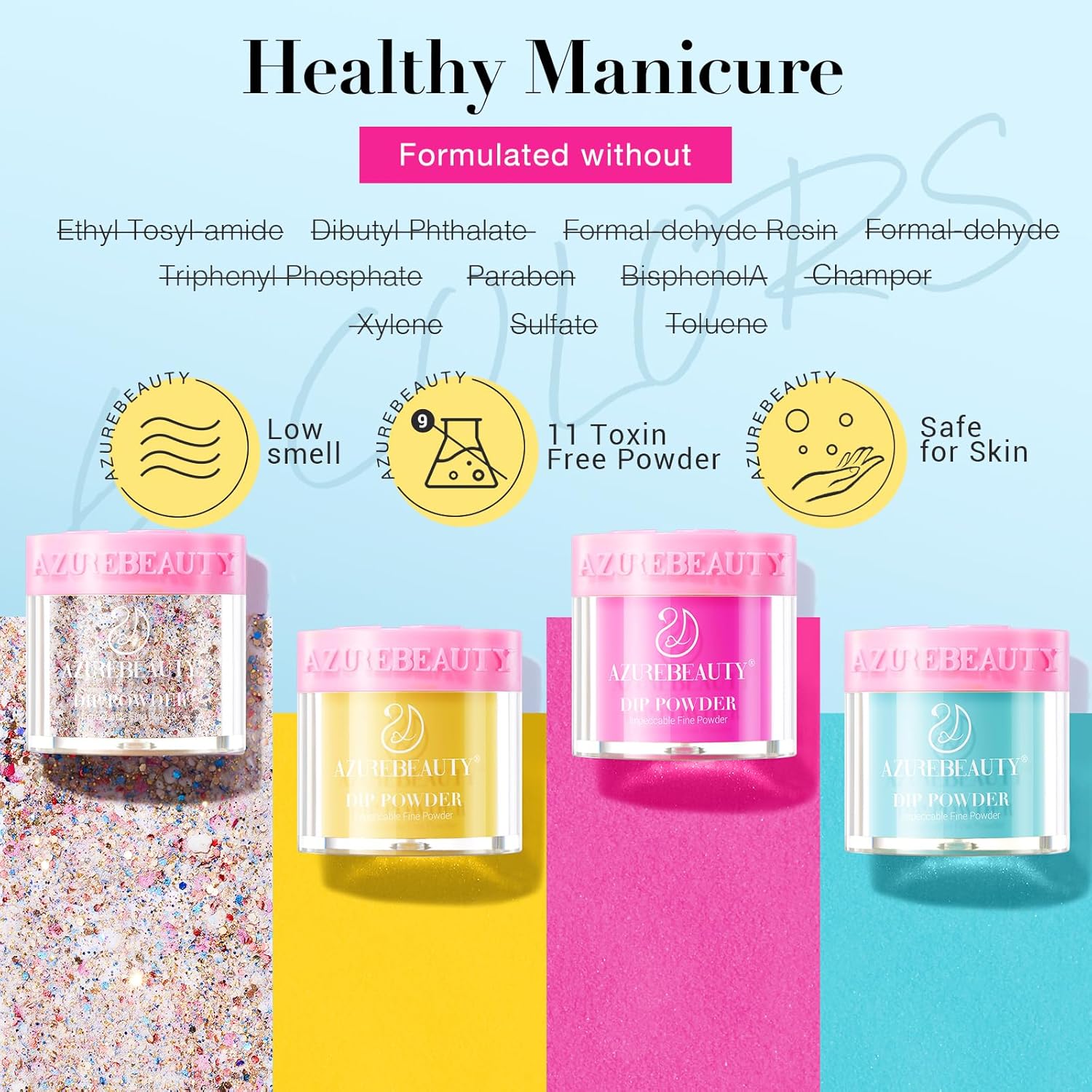 AZUREBEAUTY Dip Powder Nail Kit Starter, 4 Colors Pink Yellow Blue Glitter Dipping Powder Liquid Set Recycling Tray with Base & Top Coat Activator for French Fingernail Art Manicure Salon DIY at Home - Image 9
