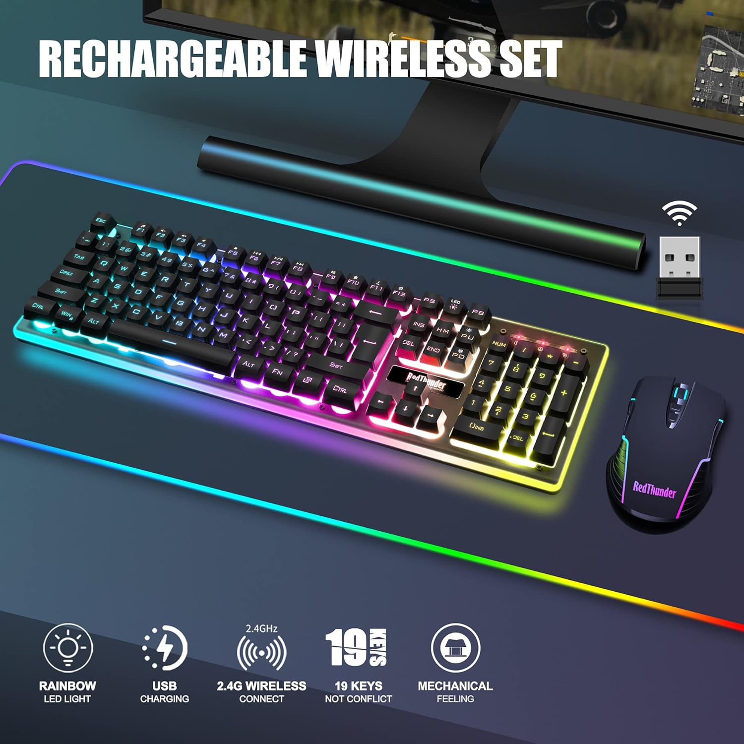 RedThunder K10 Wireless Gaming Keyboard and Mouse Combo, LED Backlit Rechargeable 3800mAh Battery, Mechanical Feel Anti-ghosting Keyboard + 7D 3200DPI Mice for PC Gamer (Black) - Image 2