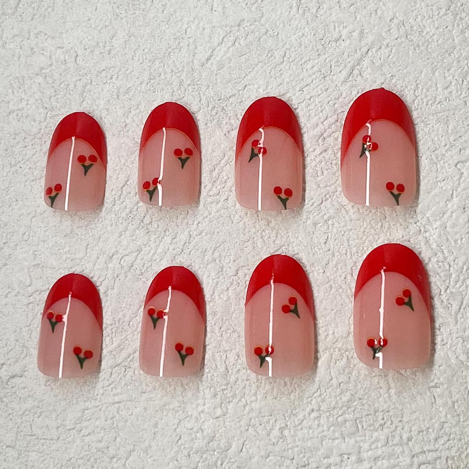 Red French Tip Press on Nails Almond Short Fake Nails Cute Nude Pink Full Cover Glue on Nails with Red Cherry Glossy Artificial Stick on Nails Reusable Acrylic False Nail for Women Girls 24Pcs - Image 3