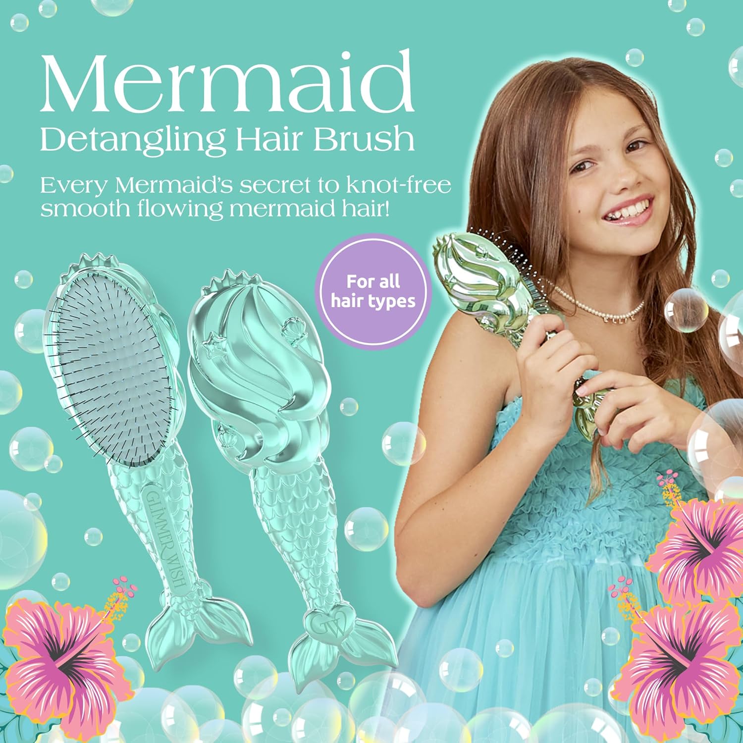 Glimmer Wish Mermaid Detangling Hair Brush for Kids - Anti Frizz and Anti Static - Soft and Long Bristles to Detangle With Ease - Gentle on Hair Kids Hair Brush - Image 2