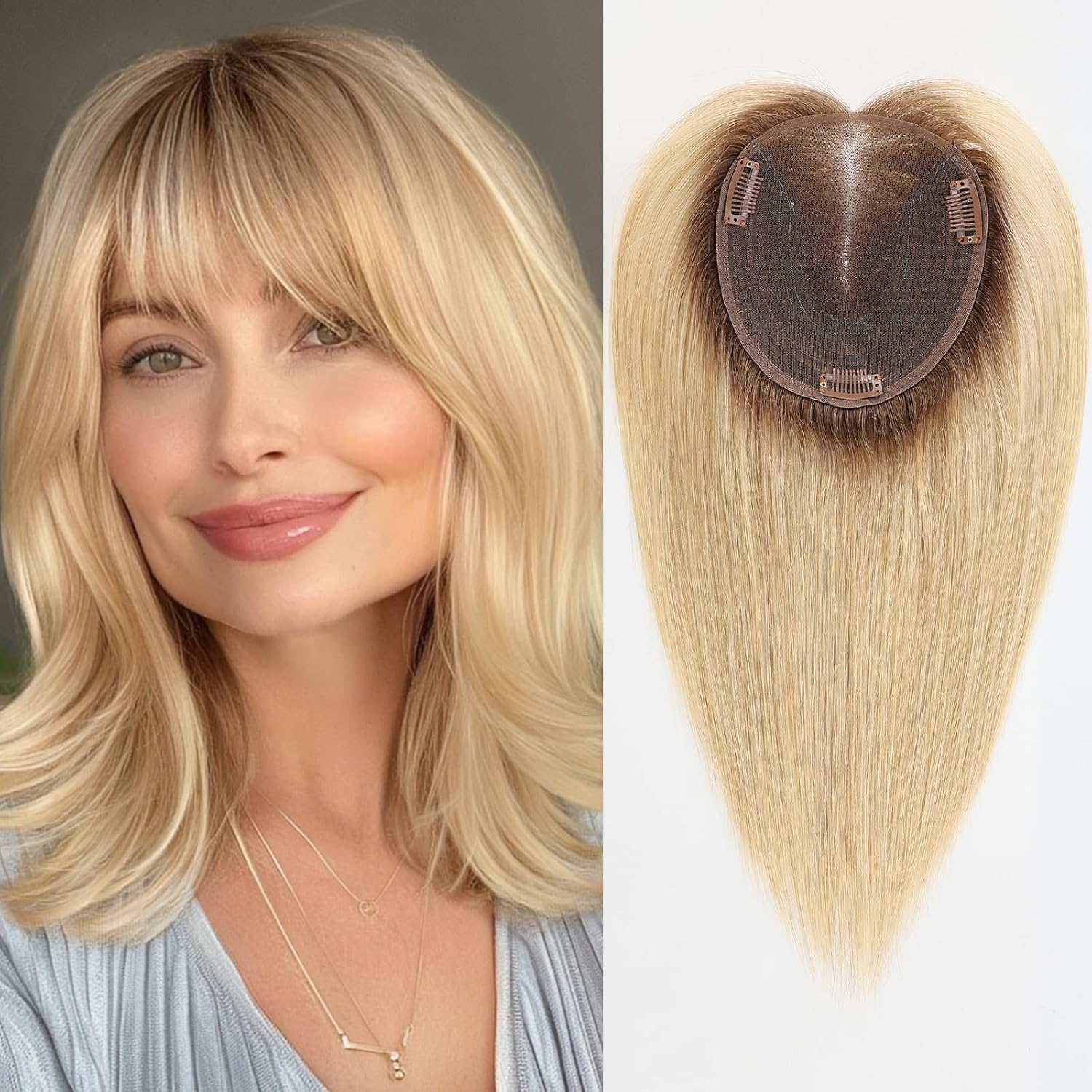 starluck 6x5 inch Lage Swiss Base SilkHug 14 Inch Real Human Hair Toppers,60 Gram, 100% Real Human Hair Toppers for Women with thinning (Ombre Blonde, with Bangs)