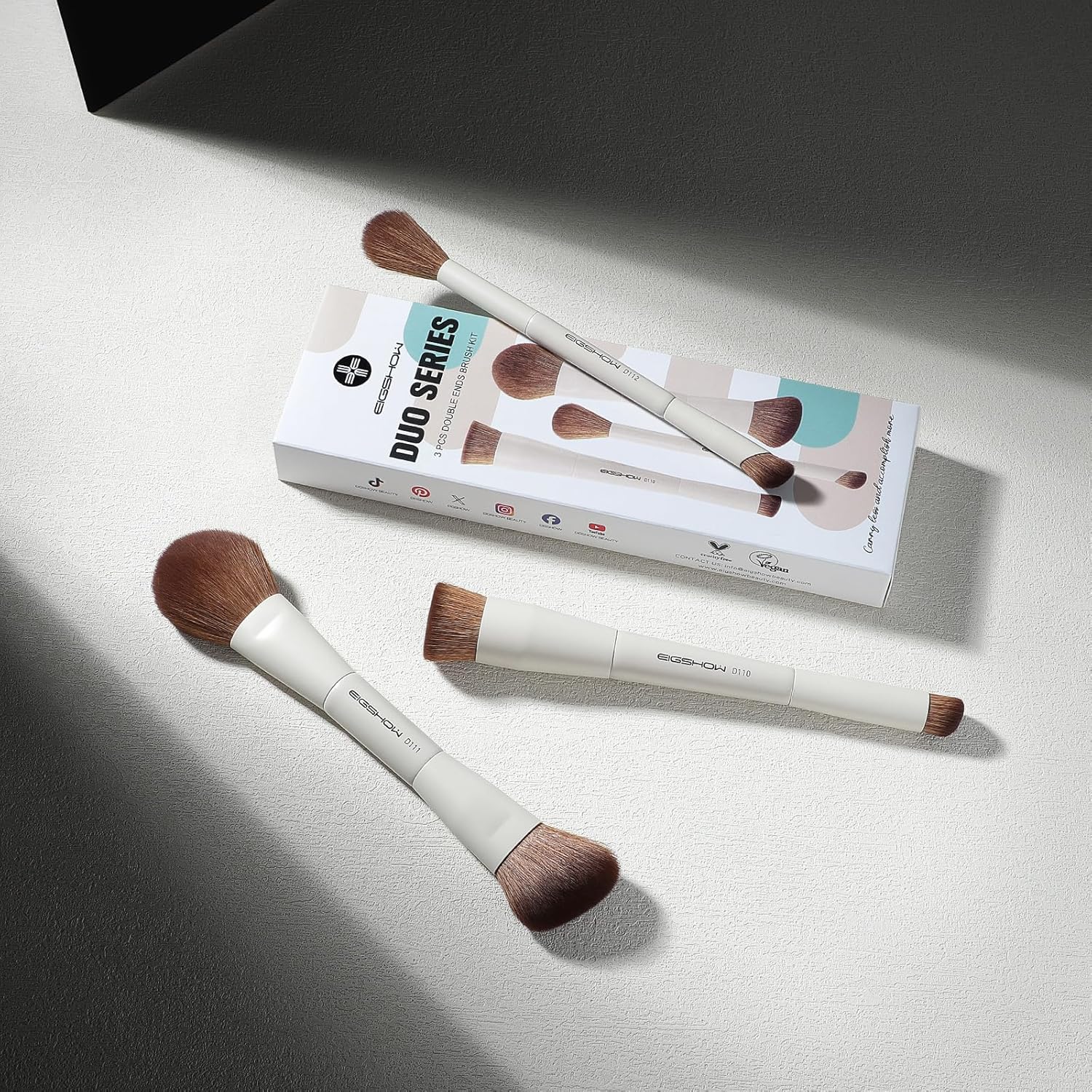 EIGSHOW Makeup Brush Set, 3Pcs Double Ended Face Makeup Brushes for Foundation Powder Contour Highlight Concealer Nose Shadow, Travel Gift Set (Beige) - Image 8