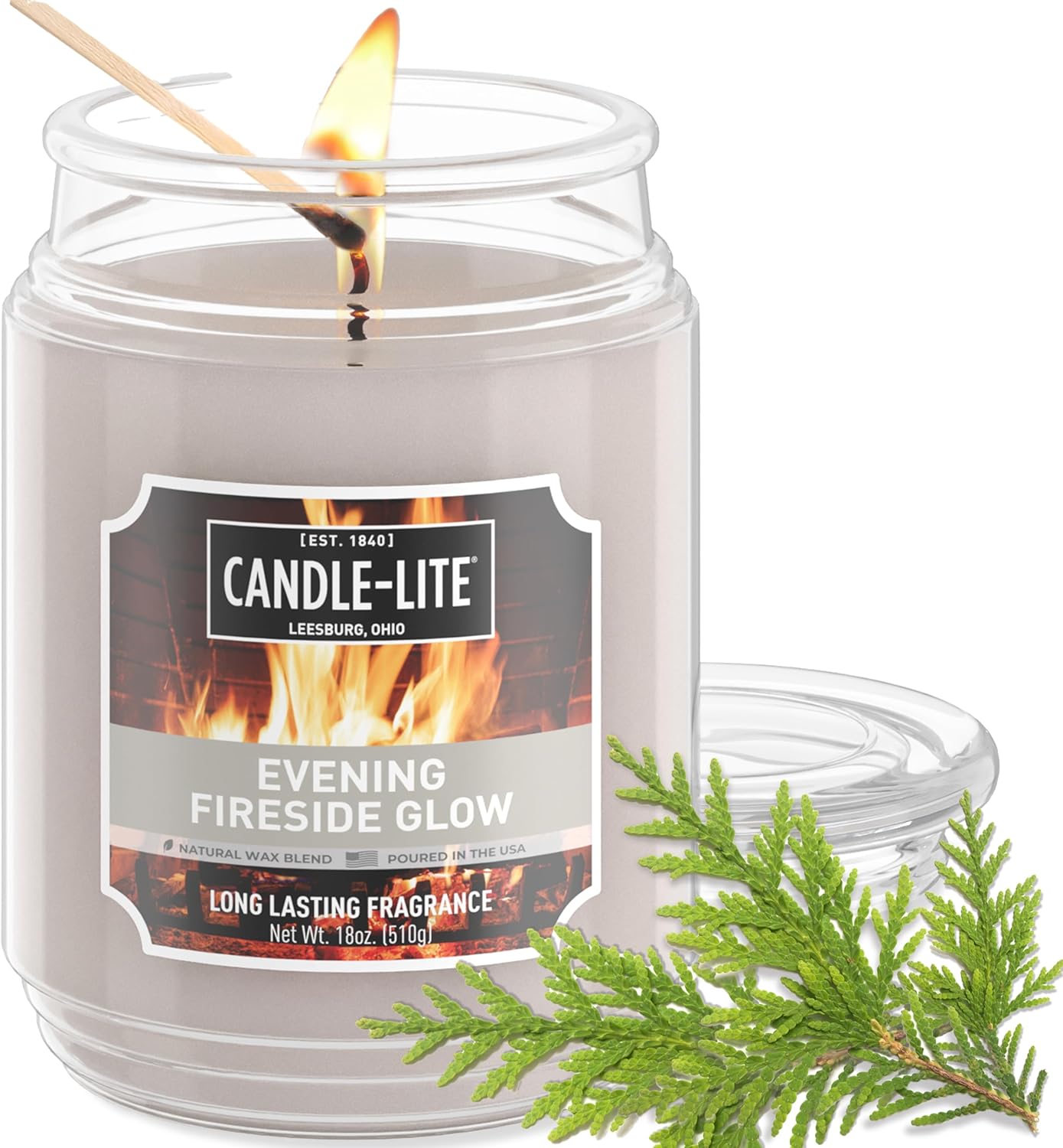 CANDLE-LITE Scented Evening Fireside Glow Fragrance, One 18 oz. Single-Wick Aromatherapy Candle with 110 Hours of Burn Time, Off-White Color, Jar (Individual Box)