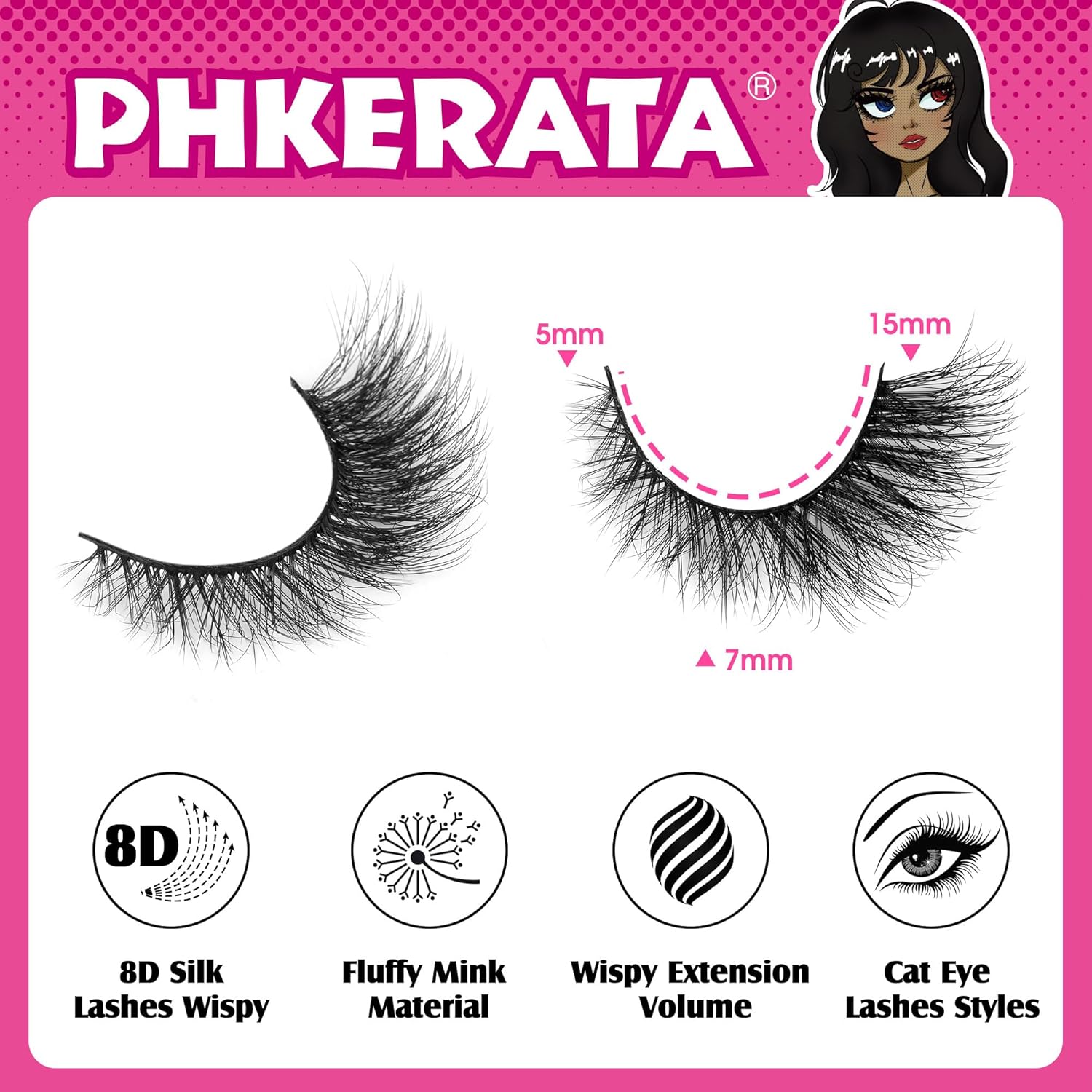 Lashes Natural Look Cat Eye False Eyelashes Wispy Fox Eye Lashes Wispy 15mm 6D Volume Strip Fake Eyelash Extension Look by PHKERATA, 7 Pairs Pack - Image 3