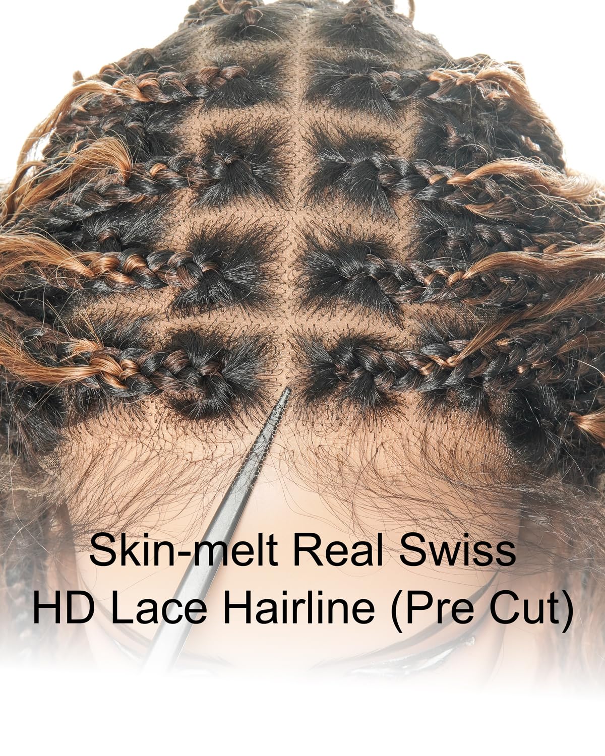 Human Hair Boho Curls Hand-Tied Full Lace Wig - 24" Small Box Braids (100 Braids, Full Version) Pre-Cut Swiss HD Lace, Lightweight, Pre-Plucked, Knotless, Tangle-Free Braided Wig | Black 1B - Image 7