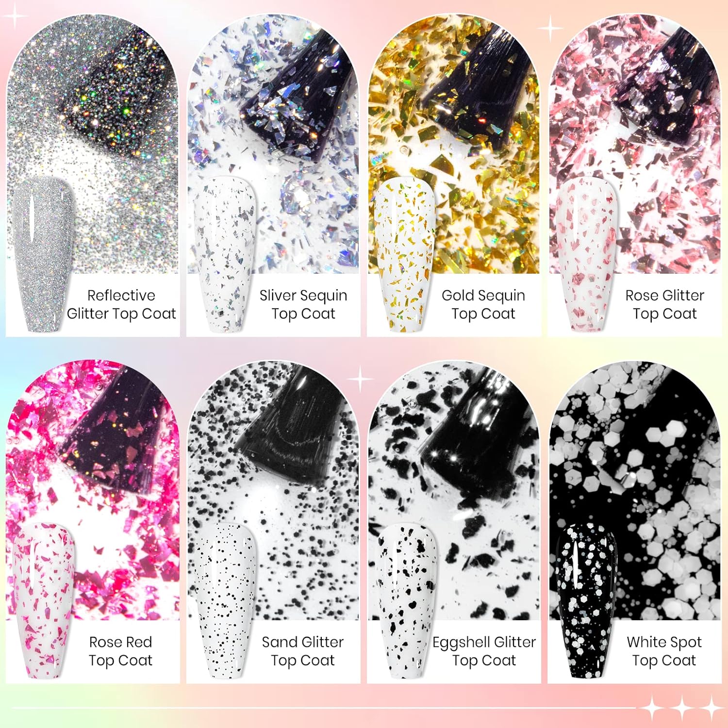 8Colors Glitter Top Coat Gel Silver Gold Sequin Top Coat Eggshell Top Coat Gel Polish Reflective Glitter Top Coat Sparkle Shiny Shimmer No Wipe Gel Top Coat Gel Polish - Image 5