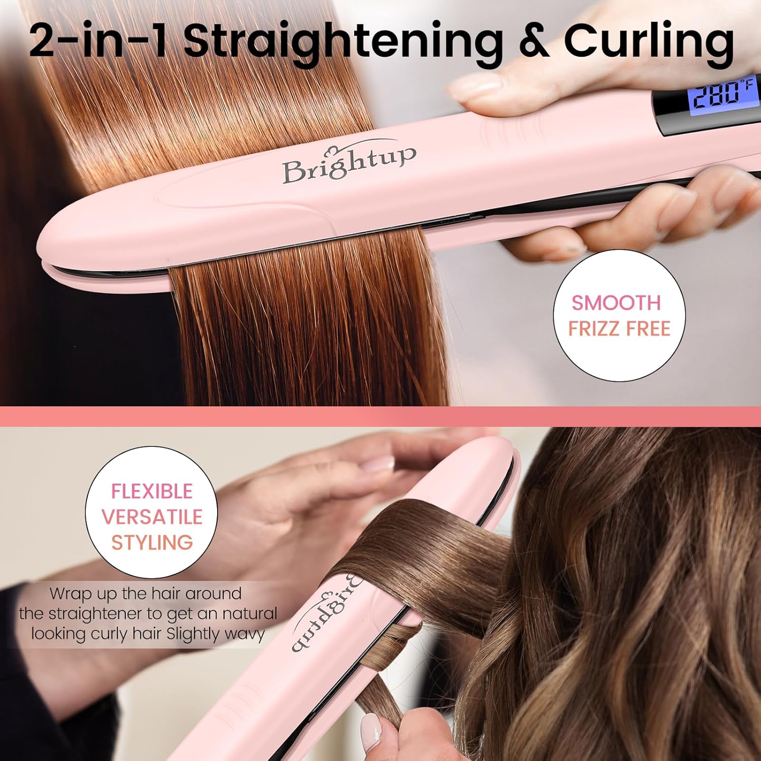Brightup Tourmaline Ceramic Hair Straightener and Curler 2 in 1 with 1 Inch Vibrating Plates, Ionic Flat Iron with 10 Temp Control/Auto Shut Off, 20S Fast Heating for Smooth Long Lasting Results, Pink - Image 8