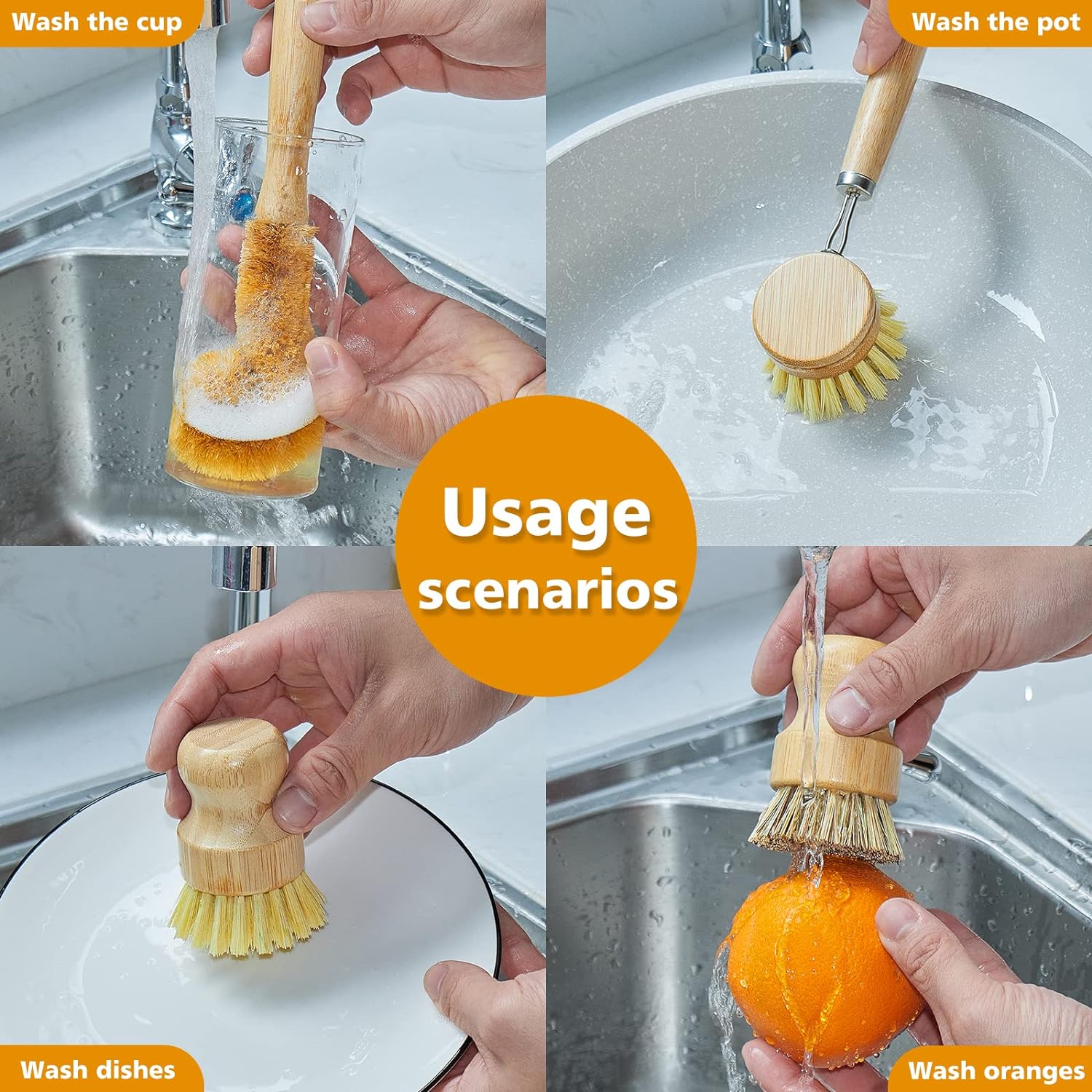 Bamboo Dish Brushes Sets 4 Tools in One Kitchen Clean Dish Scrubber for Pots Pans Bottles with Natural Bristles (Bamboo Brushes Sets) - Image 3