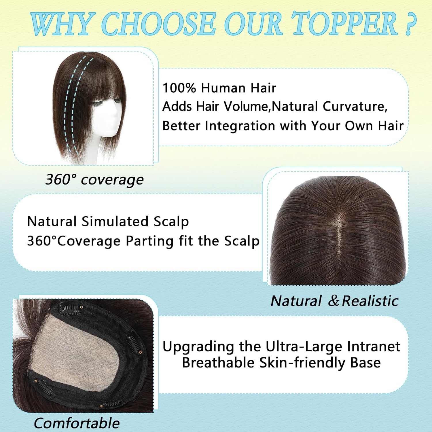 Hair Toppers for Women Real Human Hair, 360° 3D Toppers Hairpieces for Women with Thinning Crown Wispy Clip in Bangs 12 Inch Upgrade Big Base (Dark Brown, 12 Inch Wispy Bangs) - Image 3