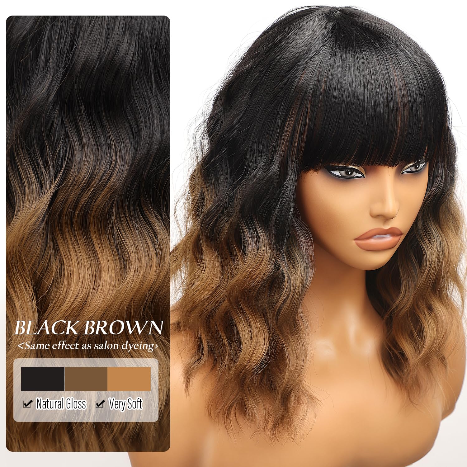 Nnzes Short Wavy Wig with Bangs for Women Shoulder Length Bob Curly Women's Charming Synthetic Wigs with Natural Wavy Black To Brown Heat Resistant Hair for Daily Party Use - Image 3