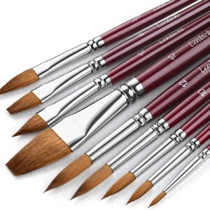 Kolinsky Sable Paint Brushes Professional Kolinsky Watercolor Paint Brushes Set for Artists 9pcs,Kolinsky Sable Hair Brushes for Watercolor, Acrylic, Includes Round Pointed, Flat, Cat's Tongue