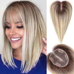 starluck Hair Toppers for Women Real Human Hair With Bangs, 100% Remy HumanHair Toppers for Women Hand-woven with Thinning,Cover Gray Roots,Adds Volume,Ombre Blonde