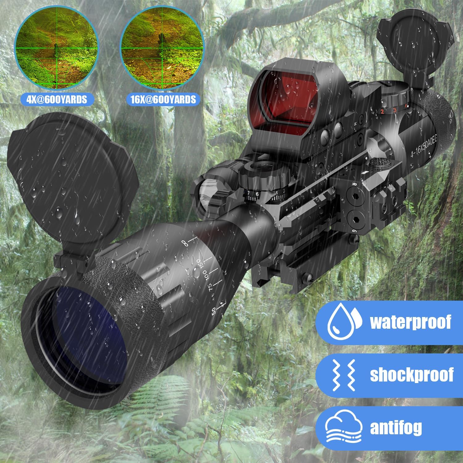 4-16x50AO Rifle Scope Combo Red/Green Dual Illuminated with Green Laser 4 Holographic Reticle Red Dot 5Modes Flashlight for Rail Mount - Image 4