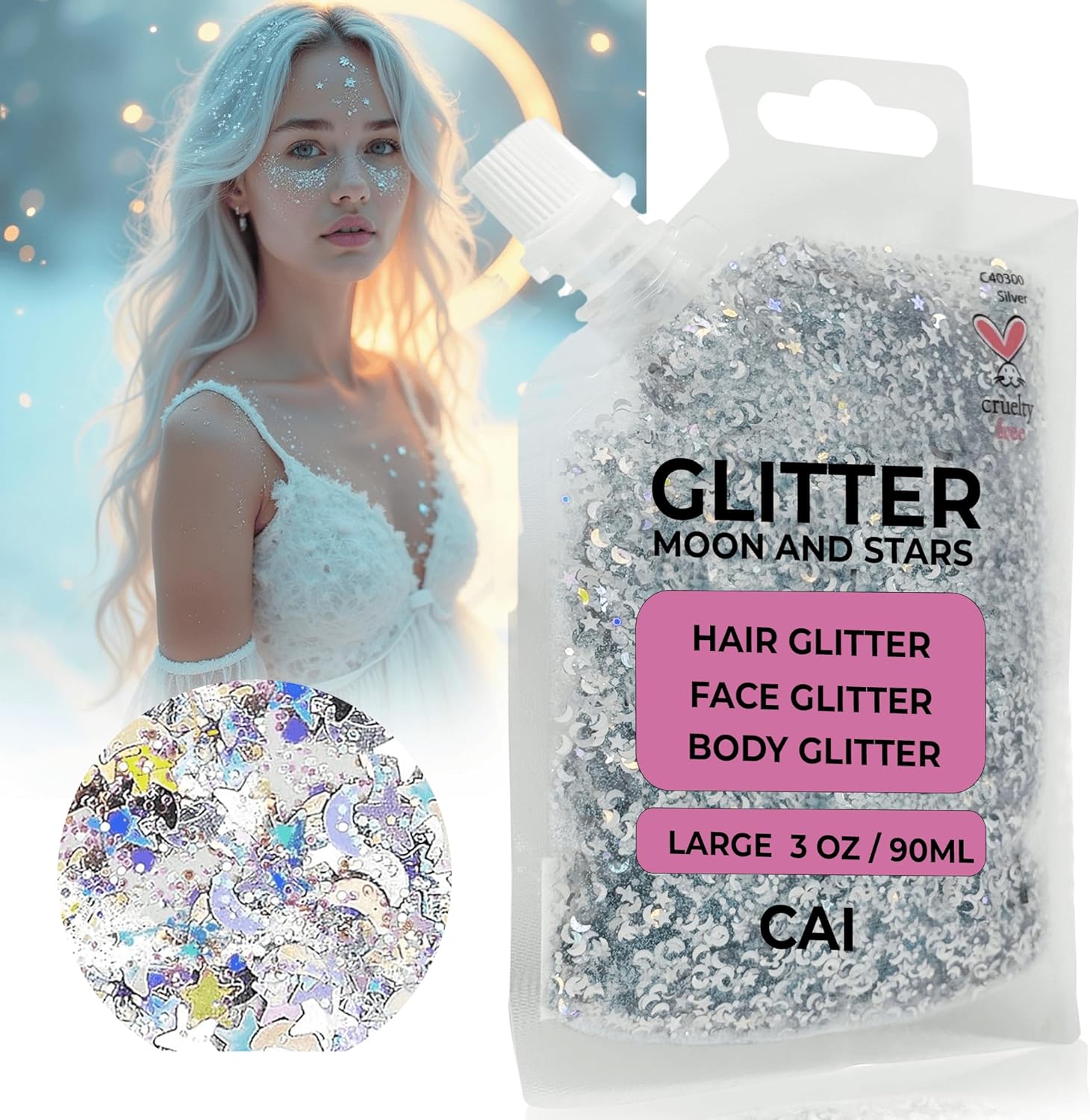 Hair Glitter Gel; Body Glitter & Face Glitter for Women/Kids (Large 3 Oz Silver) Moon & Stars; Iridescent Holograph Cosmetic Grade- Apply Without Glue, Easy to Take Off Keeps Skin Clean - Image 2