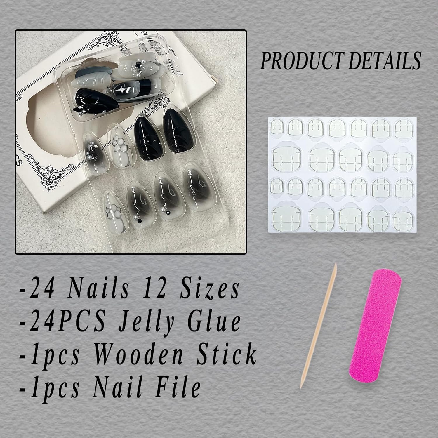 Black Press on Nails Medium Almond Fake Nails with 3D Bow Pearl Designs Glossy Black Gradient False Nails Y2K Silver Star Water Drops Full Cover Acrylic Nails Stick on Nails for Women 24Pcs - Image 3