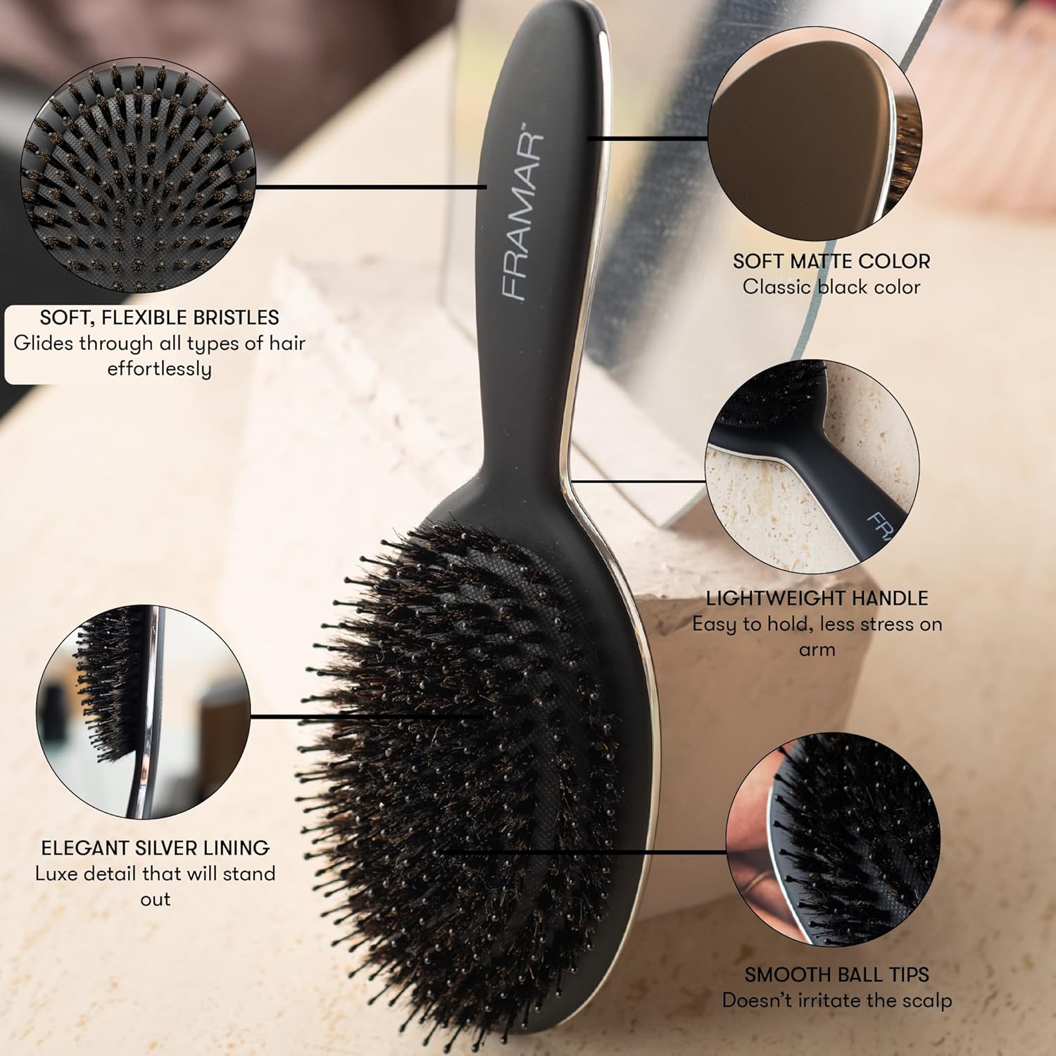FRAMAR Soft Boar Bristle Hair Brush For Women – Boars Hair Brush For Women, Boar Brush For Fine Hair, Hairbrush For Fine Hair, Soft Bristle Brush For Slick Back, Volume and Shine - Black - Image 2