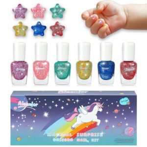 Quick Dry Kids Nail Polish Set, Glitter Non-Toxic Fingernail Polish for Toddler, Water-Based Peelable Nail Polish for Kids, 6 Color Rainbow for Kid Ages 3+
