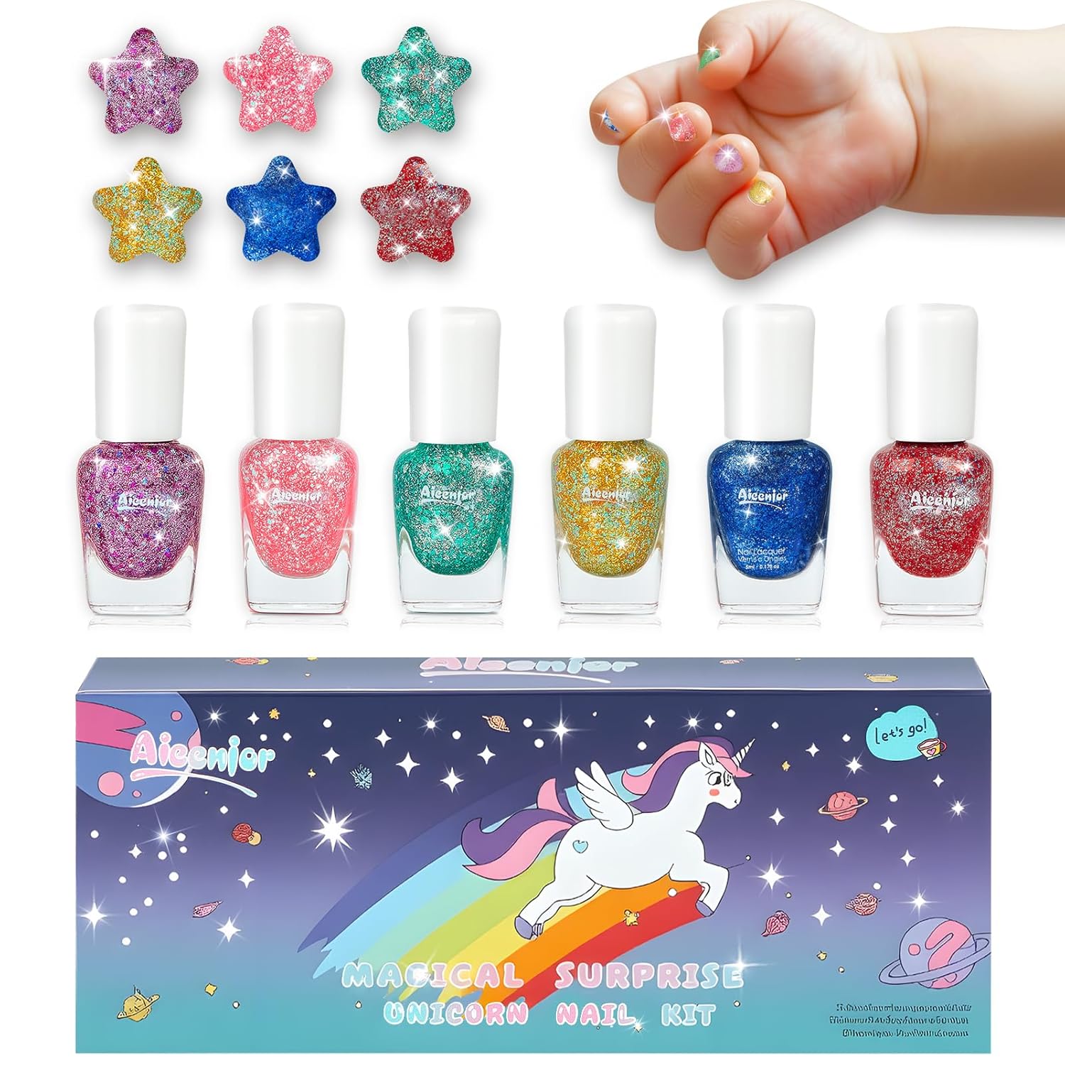 Quick Dry Kids Nail Polish Set, Glitter Non-Toxic Fingernail Polish for Toddler, Water-Based Peelable Nail Polish for Kids, 6 Color Rainbow for Kid Ages 3+