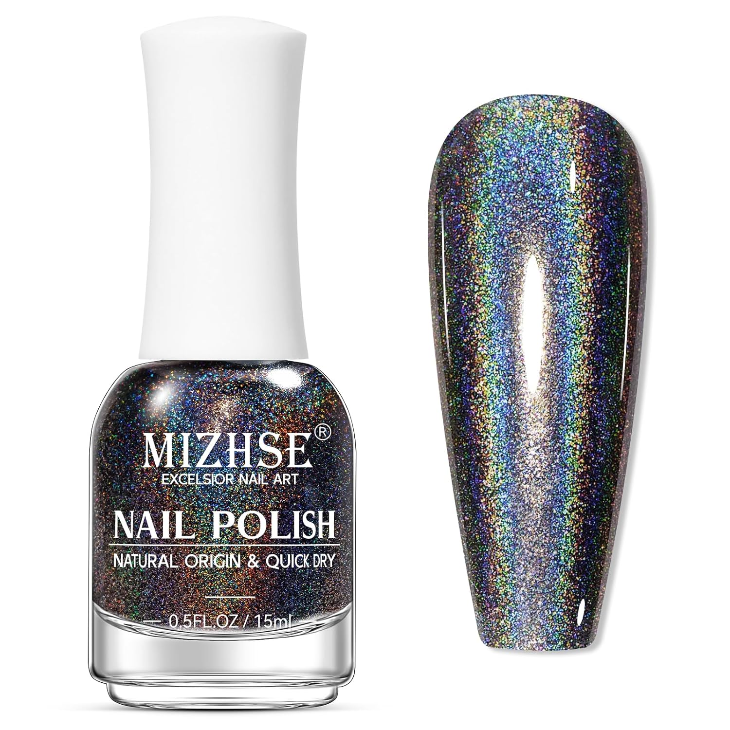 MIZHSE Holographic Nail Polish, Black Glitter Nail Polish Air Dry Fast, 15 ml 0.5 fl oz High Glossy Shiny Nail Pigment Oil-based Laser Iridescent Chrome Halo Nail Art Salon Manicure Home