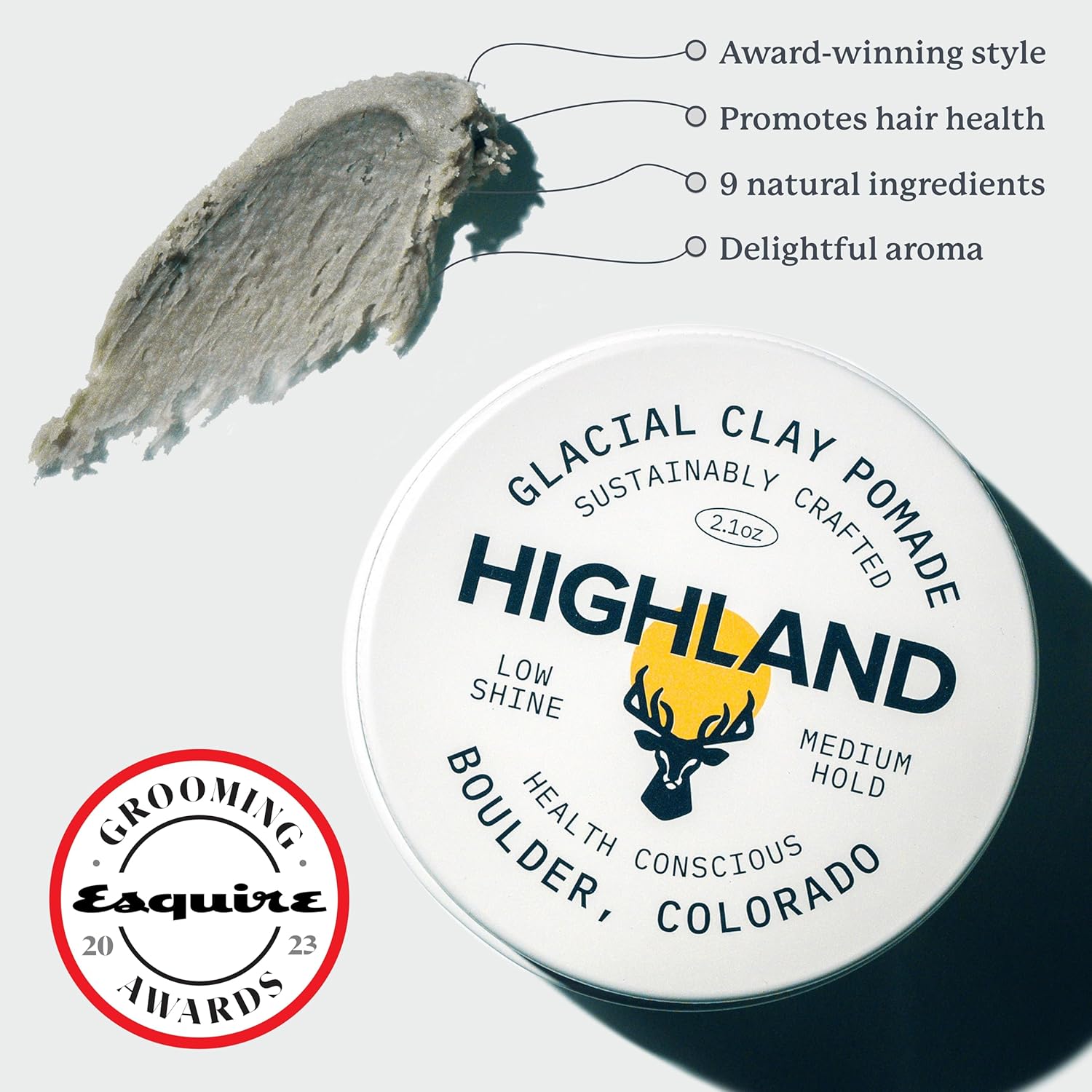 Highland Glacial Hair Clay Pomade - Award winning hair styling clay for men and women made with 100% all natural and organic ingredients that promote hair and scalp health. Low shine, Medium Hold. - Image 2