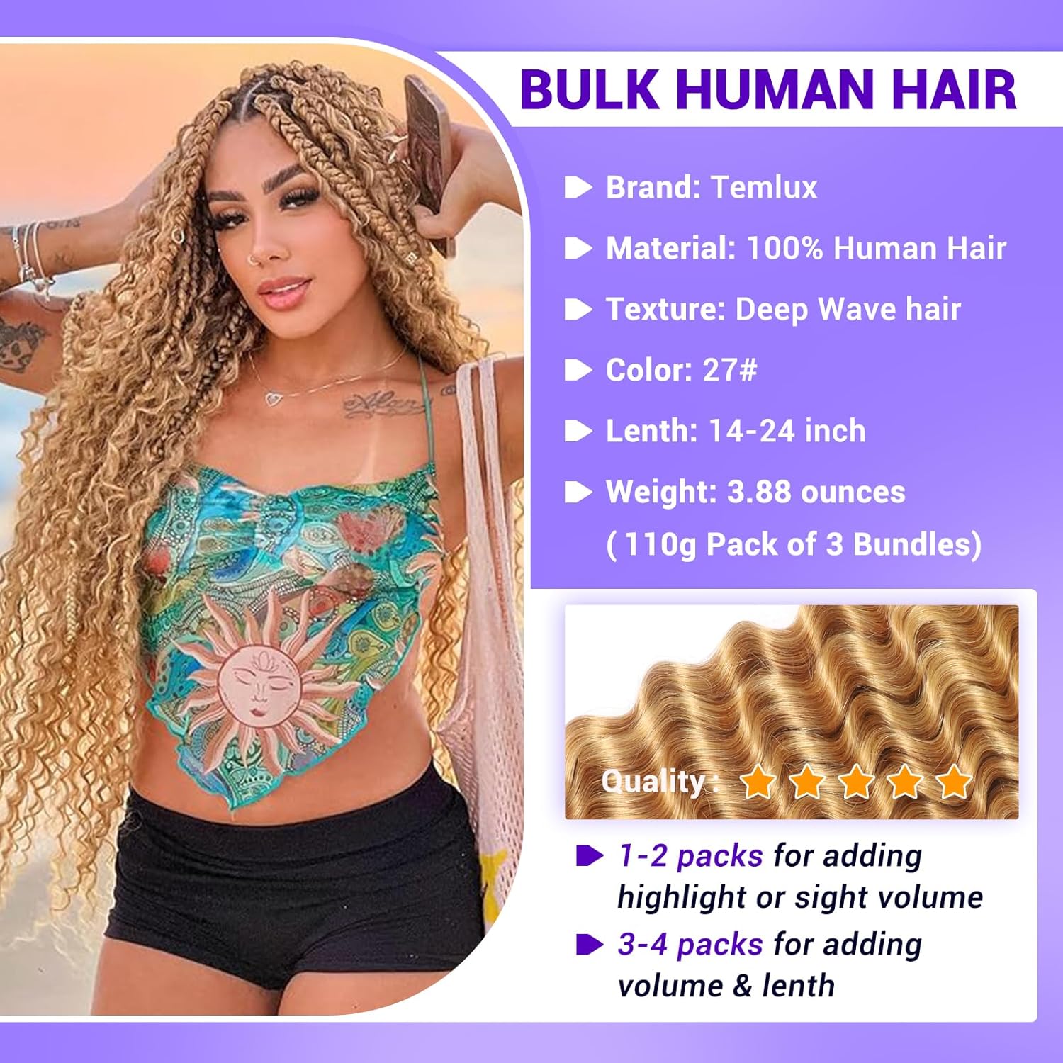 Human Braiding Hair for Boho Braids 110g Deep Wave Boho Bulk Human Hair for Braiding Knotless 12A Wet and Wavy Bohemian 3 No Weft Bundles/Pack Curly Braids Honey Blonde 18 Inch - Image 7