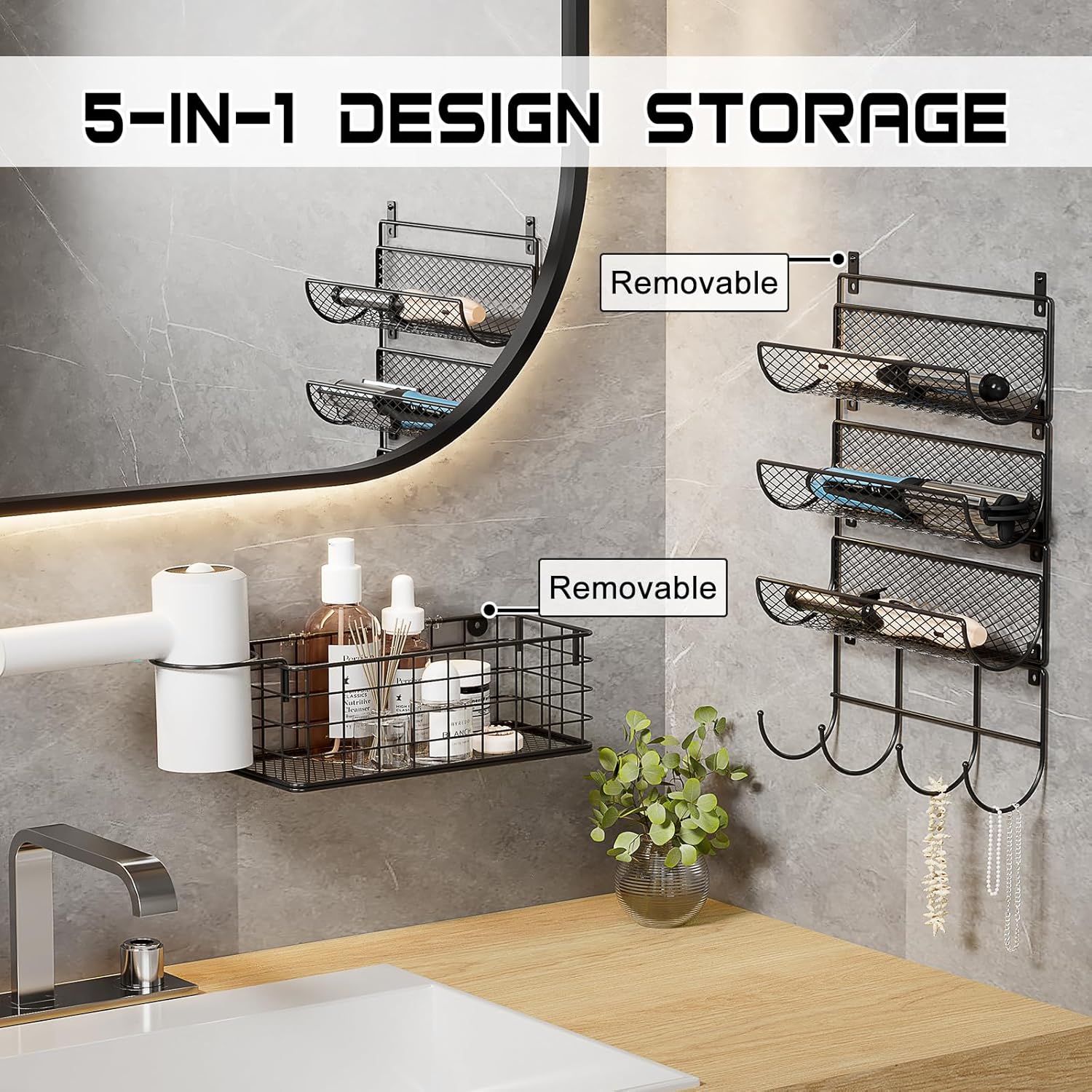 Wall-Mounted Hair Dryer Holder Styling Tool Organizer 4-Shelf Storage Wire Basket with Hook Heat Safe Rack for Hair-Straighteners,Curling Wands,Flat Iron,Perfume,Cabinet Door Bathroom Kitchen - Image 5