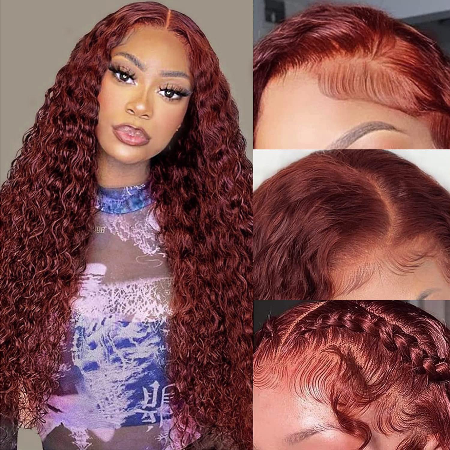 Reddish Brown Lace Front Wigs Human Hair 30 Inch Reddish Brown Curly Lace Front Wig 180 Density 33# Deep Wave 13x6 HD Lace Frontal Wigs Human Hair Pre Plucked for Women Auburn Colored Human Hair wig - Image 7