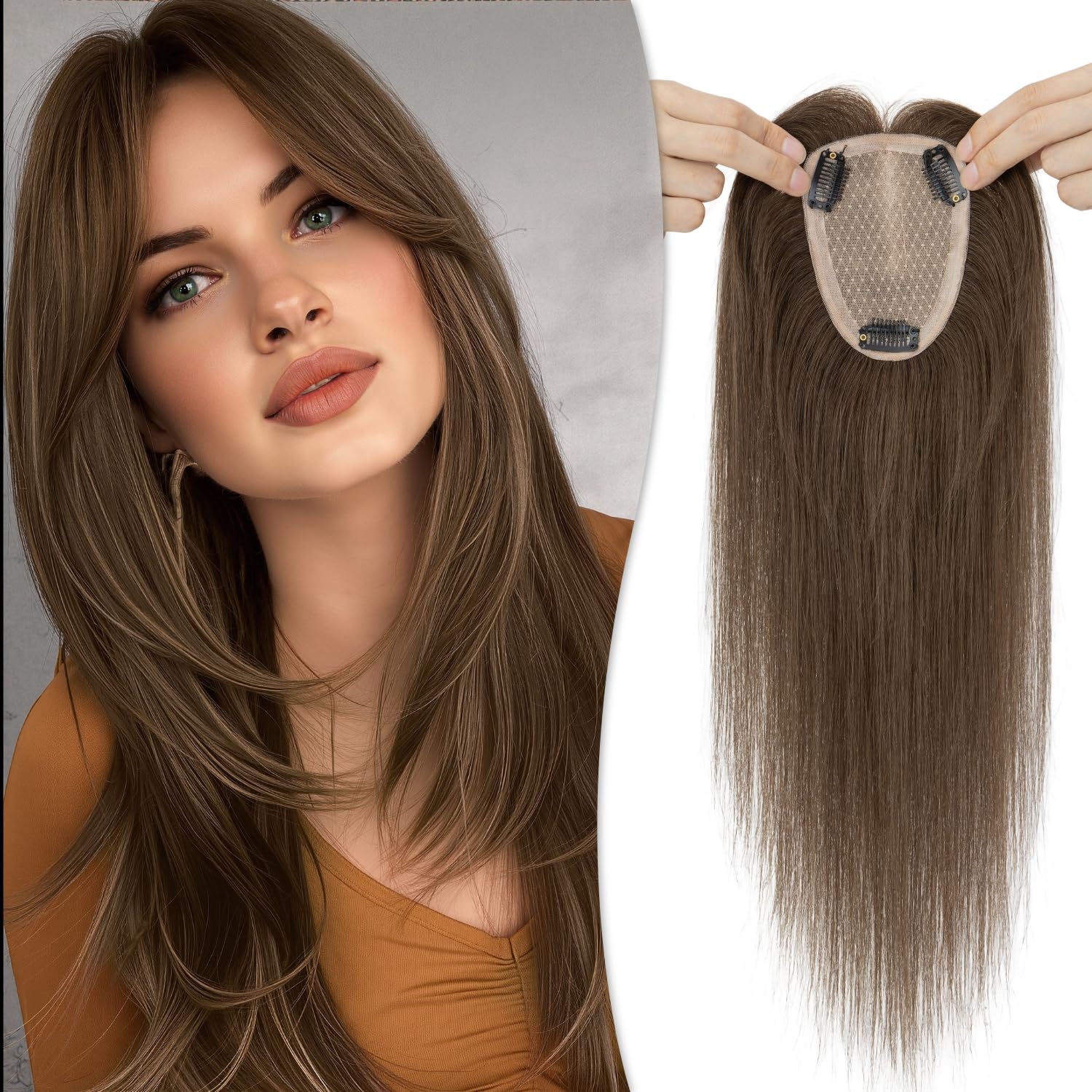 Human Hair Topper for Women No Bangs, 100% Remy Toppers Hair Pieces for Women,150% Density, No Tangle & Smooth, 10 Inch #Dark Brown