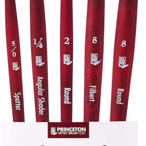 Princeton Velvetouch Series 3950 - 5pc Professional Paint Brushes for Acrylic Painting - Oil, Watercolor & Acrylic Paint Brushes Set - Spotter 5/0, Angle Shader ¼”, Round 8, Filbert 8, Round 2