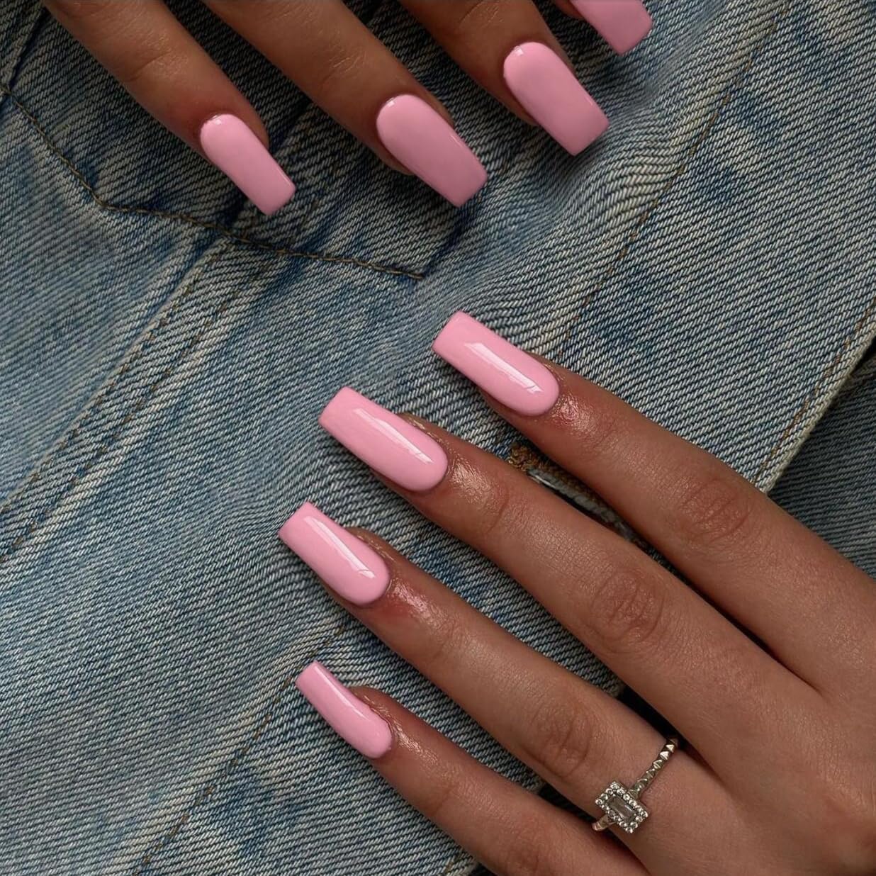 KQueenest Baby Pink Press on Nails Long Medium Square, Glossy Gel Medium Fake Nails Press ons, Natural Solid Color Full Cover Acrylic Nails for Women Daily Wear, 24 Pcs - Image 2