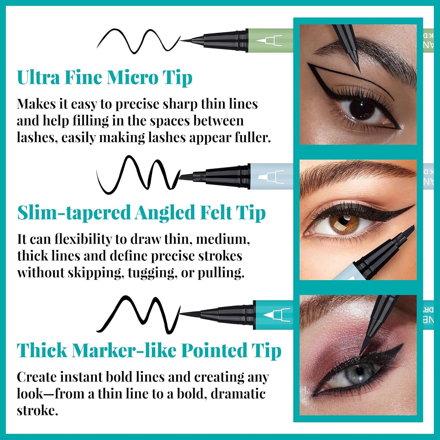 UCANBE 3pcs Black Liquid Eyeliner Kit Included 3 Brush Tip for Ultra Precision, Quick Drying, Smooth Glide, Smudge-Resistant, Waterproof Pigmented Up To 24 Hours Liquid Liner Eye Makeup Set - Image 2