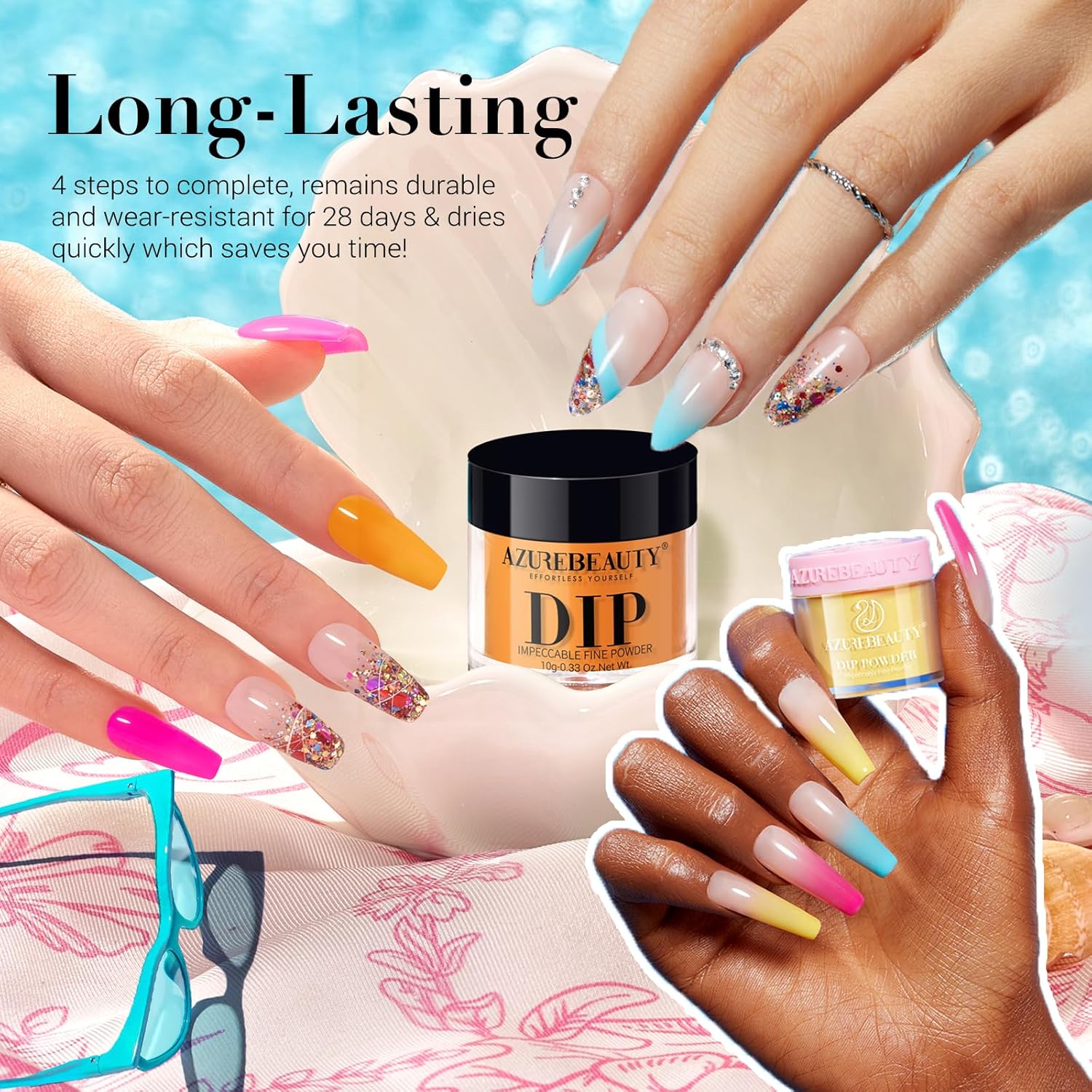 AZUREBEAUTY Dip Powder Nail Kit Starter, 4 Colors Pink Yellow Blue Glitter Dipping Powder Liquid Set Recycling Tray with Base & Top Coat Activator for French Fingernail Art Manicure Salon DIY at Home - Image 2