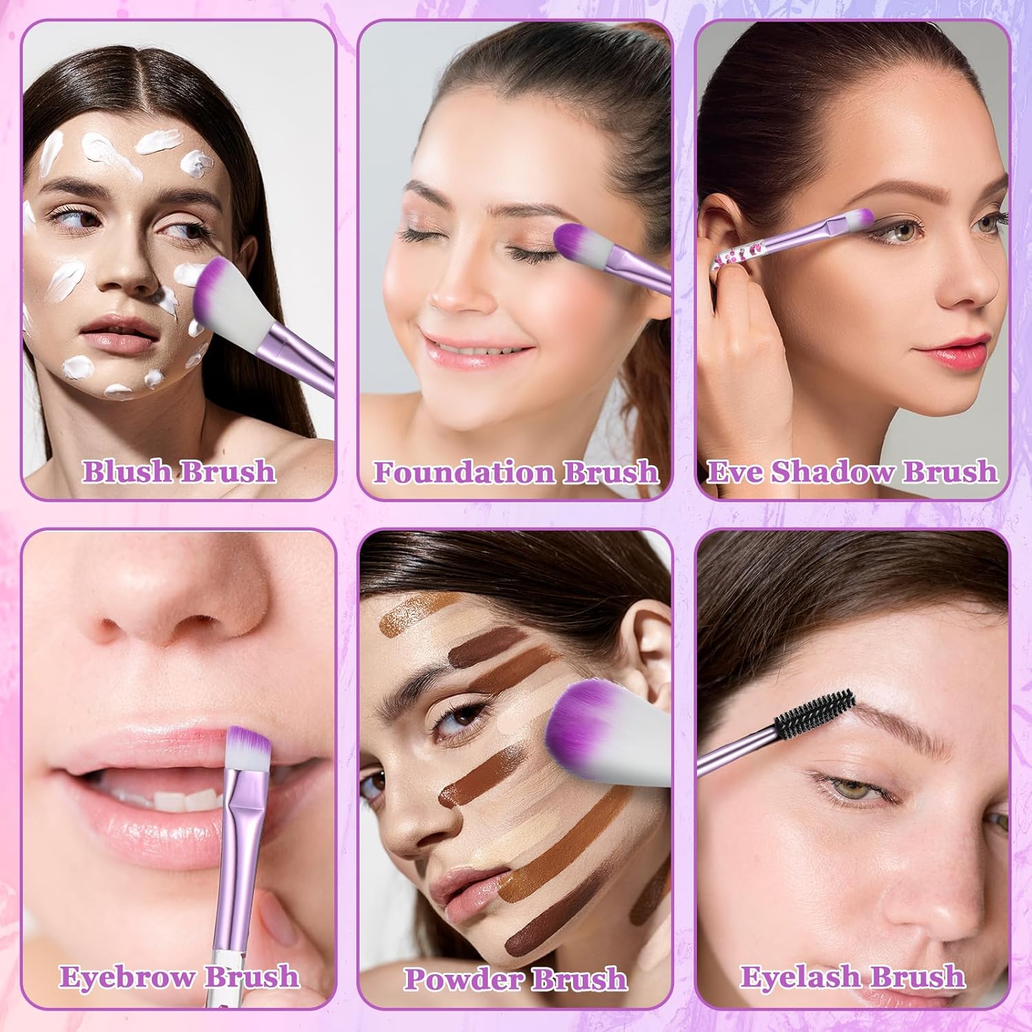 15Pcs Purple Makeup Brushes Set, Glitter Crystal Cute Makeup Brush Eye Shadow Brushes Kit Professional Face Foundation Concealer Liquid Make up Beauty Eyeliner Lip Cosmetic Brush Set for Women - Image 3