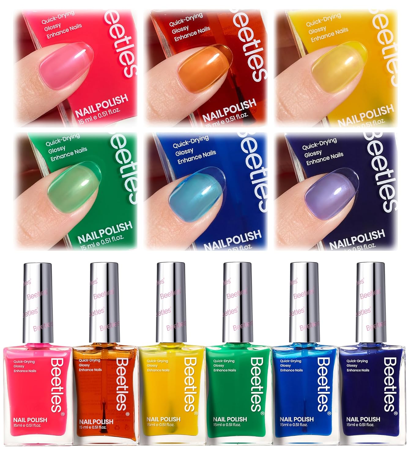 Beetles Neon Nail polish Set, 6 Jelly Colors Bright Rainbow Nail Polish Kit Quick Dry Summer Finger Nail Polish Glossy Shine Nail Lacquer Polish Long Lasting Syrup Nails Nail Polish Gifts for Women - Image 8
