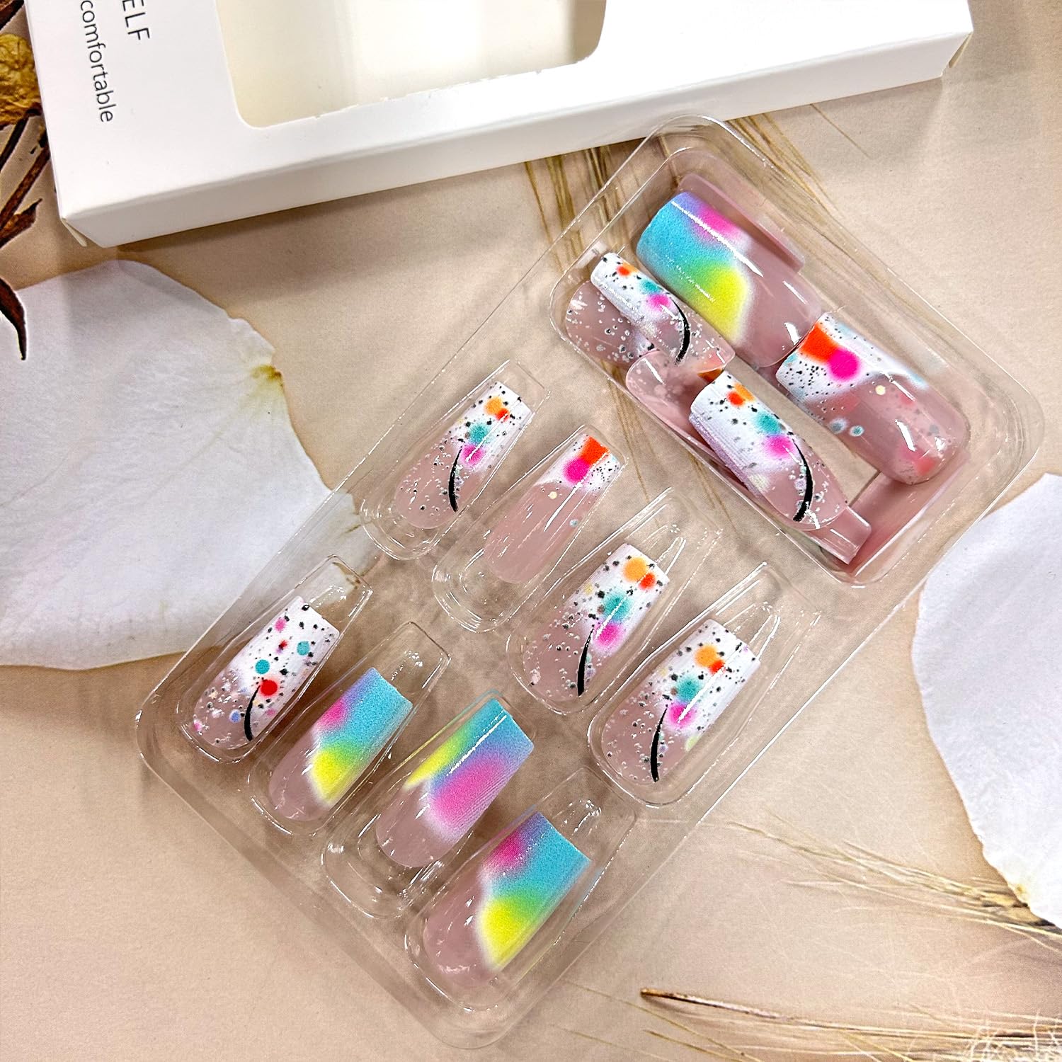TBRZTR Press on Nails Medium Length Square False Nails Colorful Gradient Acrylic Nails Full Cover Artificial Coffin Nails Press Nails with Design Acrylic Smudge Nails 24Pcs Glue on Nails for Women - Image 3