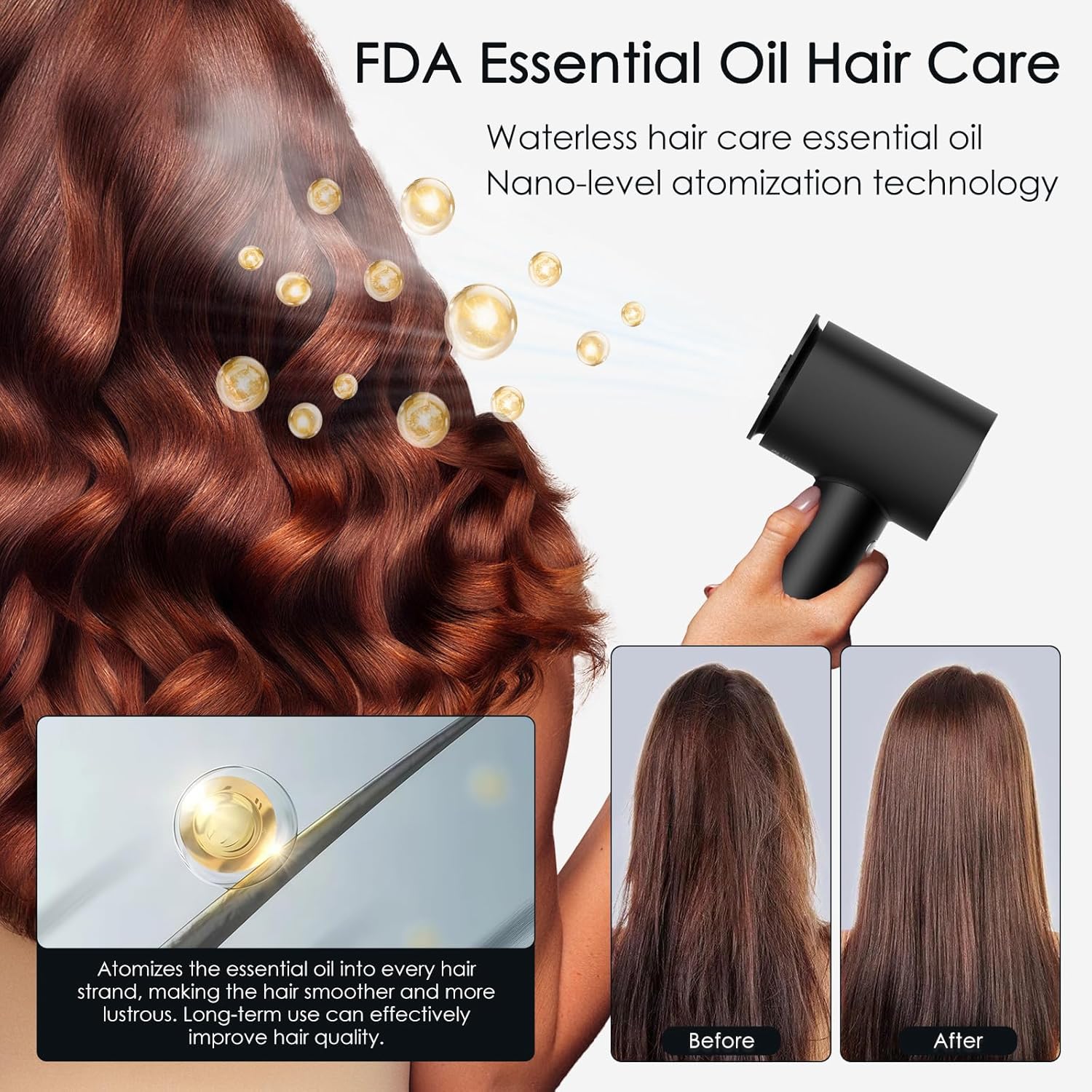 Professional Hair Dryer Ionic Hair Dryer High Speed Blow Dryer with Essential Oil 160000 RPM Fast Drying 1500W Brushless Motor Low Noise Travel Dryer 4 Temps & 2 Speeds - Image 2