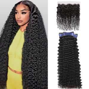 Human Hair Bundles Deep Wave Bundles Human Hair with Frontal Closure (22 24 26+20, Free Part) 16A Wet and Wavy Burmese Curly 3 Bundle with 13x4 HD Lace Frontal 100% Raw Hair Extensions