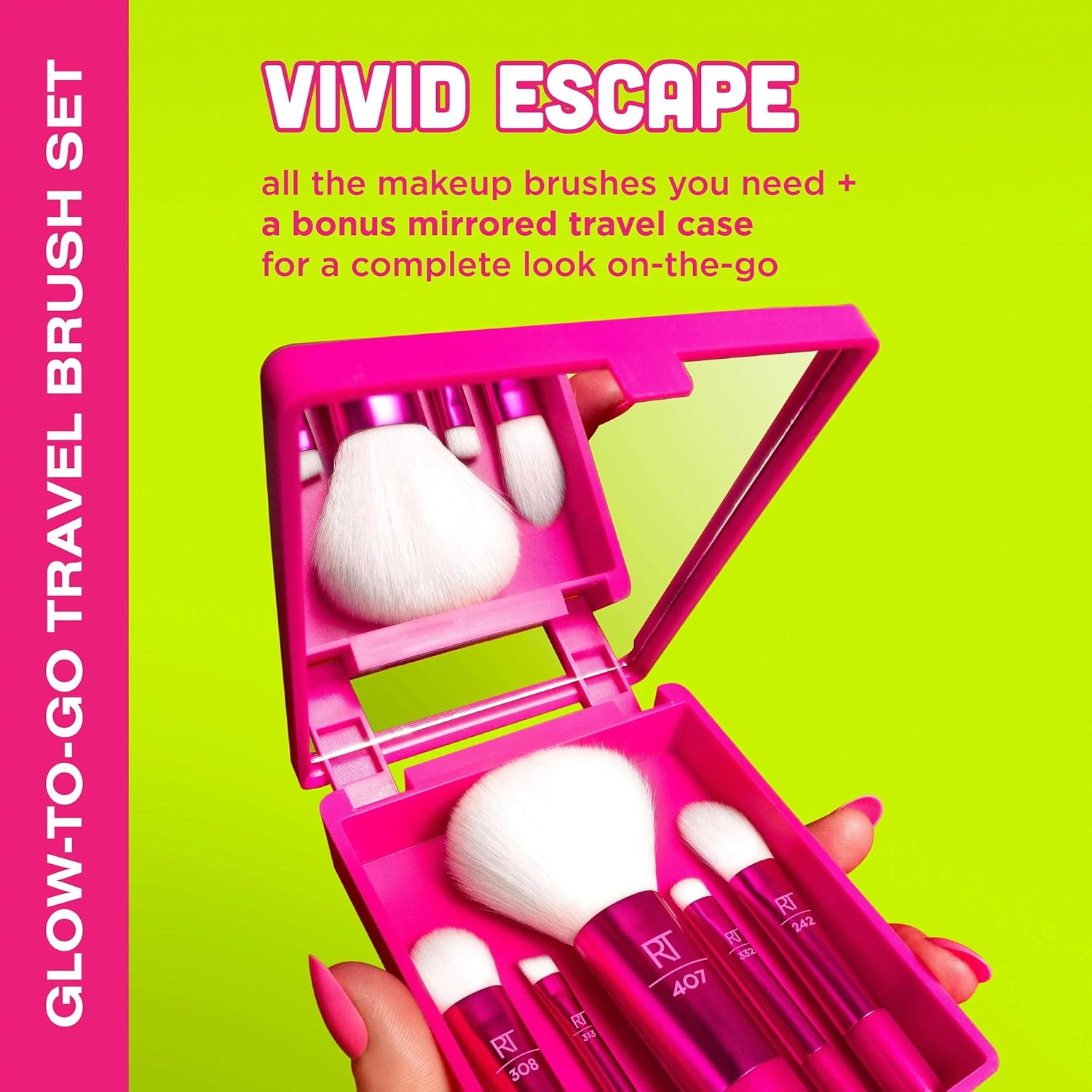 Real Techniques Vivid Escape Glow-To-Go Travel Makeup Brush 6 Piece Set, Mini Size Makeup Brushes For Eyeshadow, Concealer, Contour, & Blush, Includes Mirror Cosmetic Case, Cruelty-Free & Vegan - Image 2
